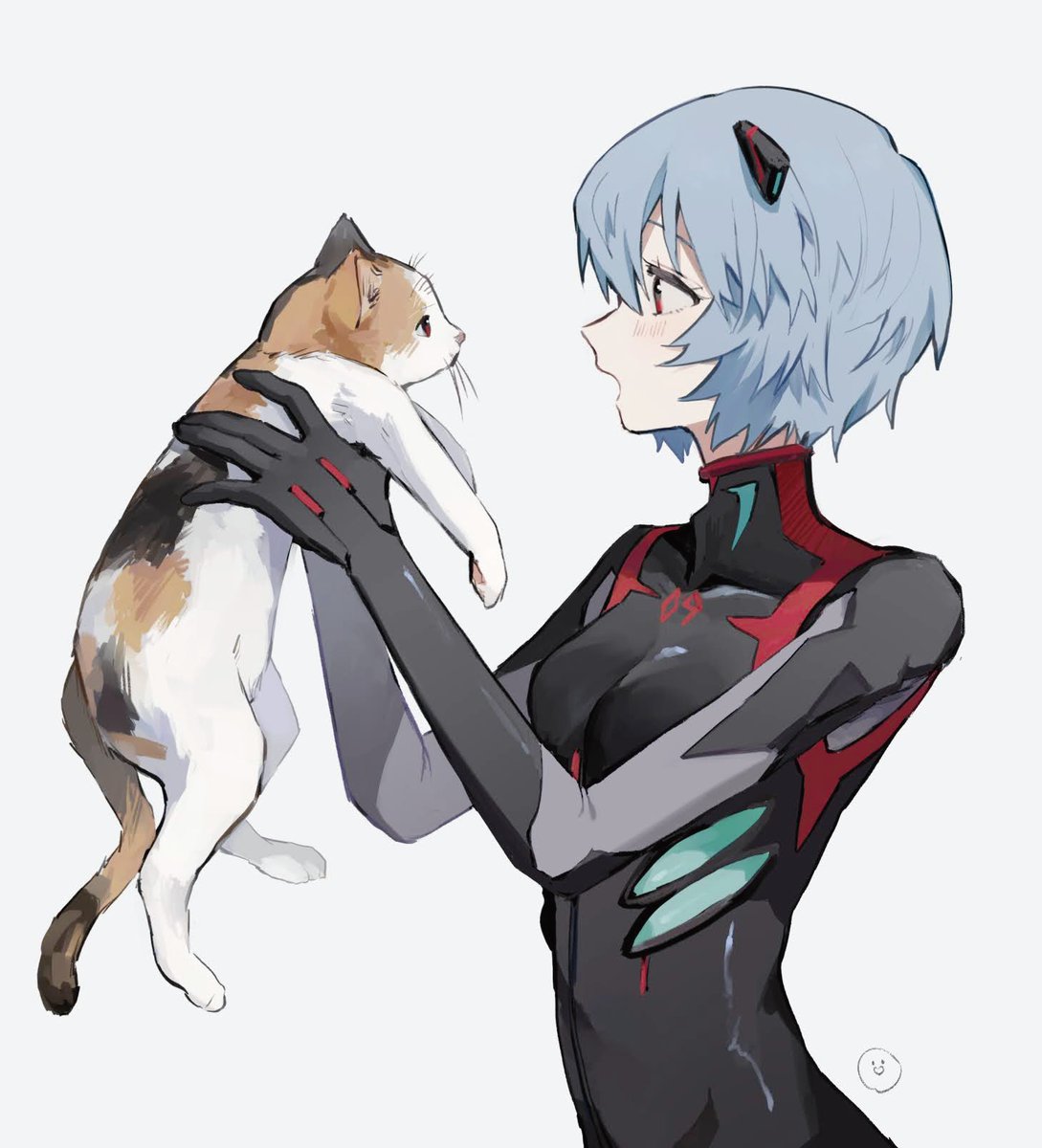 1girl animal ayanami_rei bodysuit breasts cat commentary dango_(uni_520) hairpods highres holding holding_animal light_blue_hair looking_at_animal medium_breasts neon_genesis_evangelion open_mouth plugsuit red_eyes short_hair simple_background symbol-only_commentary whiskers white_background