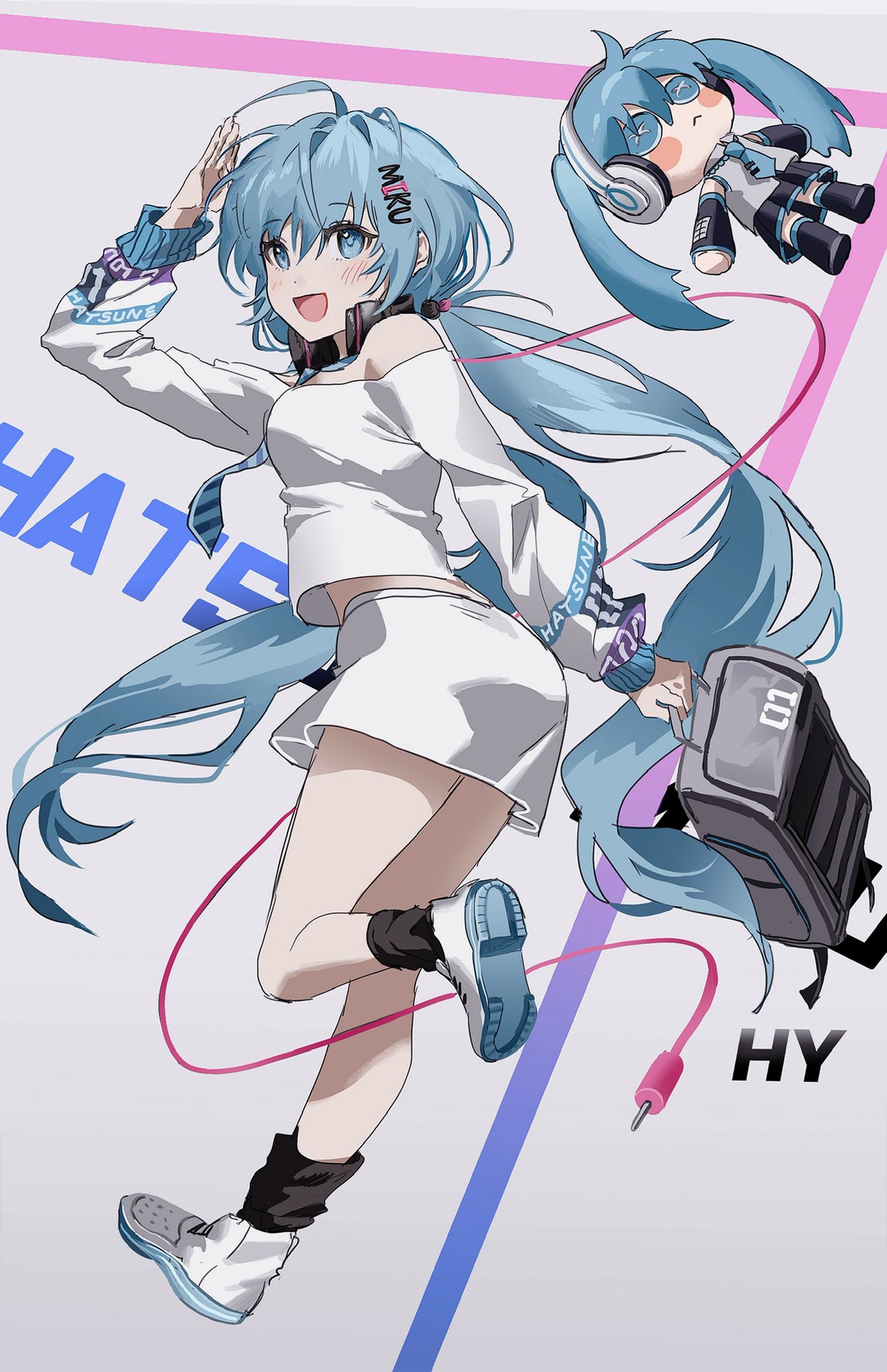 1girl :&lt; ahoge arm_up audio_jack bag bare_shoulders black_footwear black_legwear black_skirt blue_eyes blue_hair blue_necktie blush blush_stickers buttons character_name closed_mouth detached_sleeves eyes_visible_through_hair gradient gradient_background grey_bag hair_between_eyes hair_ornament hatsune_miku headphones headphones_around_neck highres holding holding_bag hy_(hem_oo) long_hair necktie off_shoulder open_mouth signature skirt socks solo striped striped_necktie stuffed_toy twintails vocaloid white_footwear