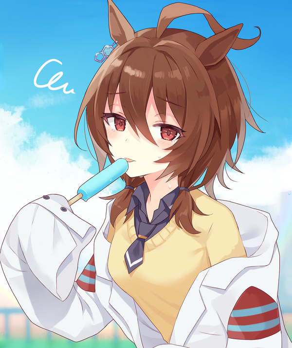 1girl agnes_tachyon_(umamusume) ahoge alternate_hairstyle animal_ears bangs barufoa blurry blurry_background brown_hair clouds collared_shirt earrings food horse_ears hot indoors jewelry labcoat looking_at_viewer low_twintails necktie off_shoulder orange_eyes outdoors popsicle raised_eyebrows shirt short_necktie short_twintails single_earring solo sweatdrop sweater tongue tongue_out twintails umamusume upper_body yellow_sweater