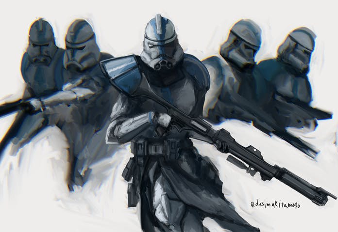 5boys clone_trooper commission dashimaki_(dasimakitama50) grey_background gun helmet holding holding_gun holding_weapon looking_at_viewer looking_down male_focus multiple_boys skeb_commission star_wars twitter_username weapon