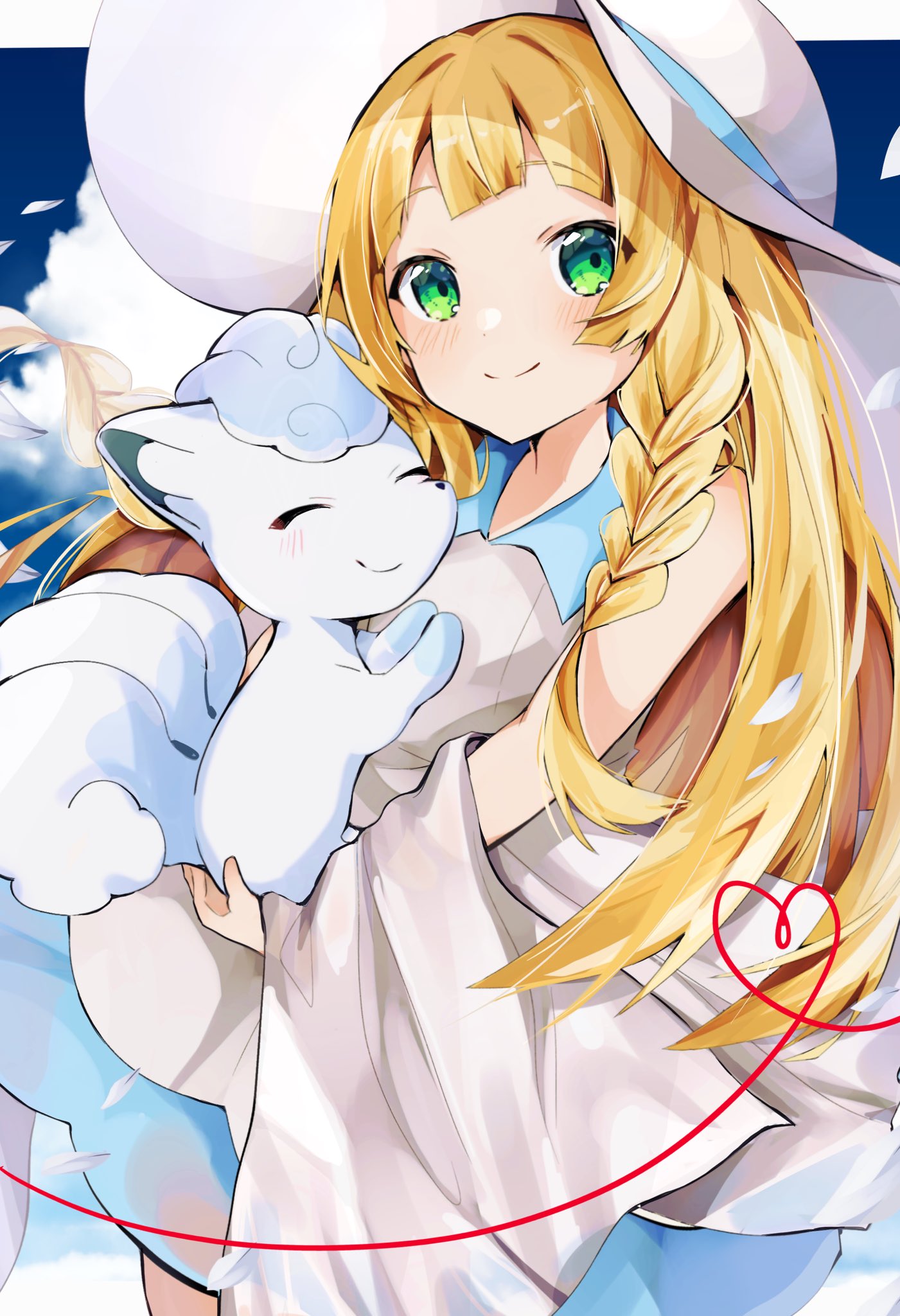 1girl alolan_vulpix bangs blonde_hair blush closed_mouth clouds collared_dress commentary_request day dress green_eyes harebare_yurata hat heart highres holding holding_pokemon lillie_(pokemon) long_hair outdoors pokemon pokemon_(creature) pokemon_(game) pokemon_sm sky sleeveless sleeveless_dress smile sun_hat sundress white_dress white_headwear