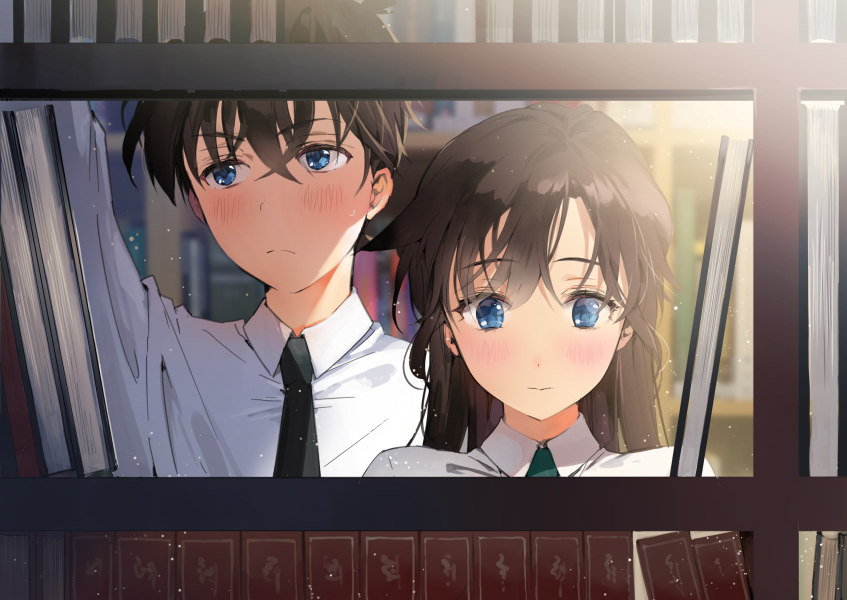 1boy 1girl arm_up bangs black_necktie blue_eyes blurry blurry_background blush book bookshelf bookshelf_pov brown_hair closed_mouth collared_shirt commentary_request crossed_bangs green_necktie hair_between_eyes ice_(ice_aptx) indoors kudou_shin'ichi long_hair long_sleeves looking_away meitantei_conan mouri_ran necktie school_uniform shirt short_hair teitan_high_school_uniform upper_body white_shirt