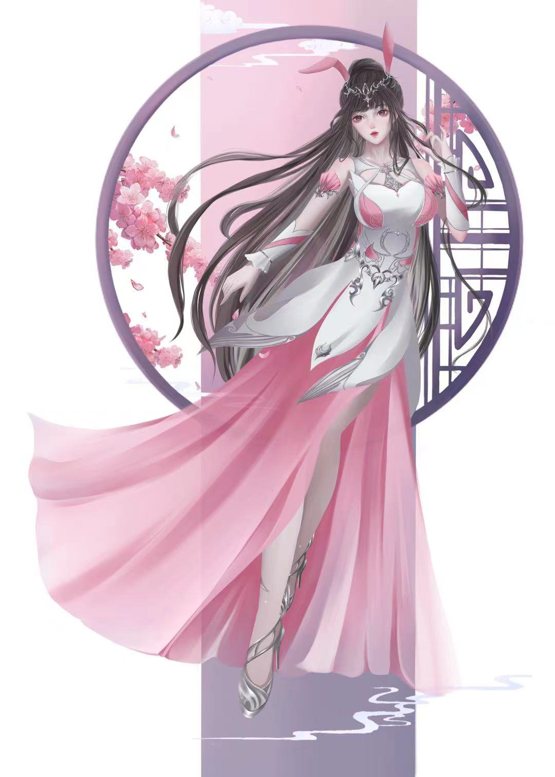 1girl animal_ears black_hair branch cherry_blossoms cleavage_cutout clothing_cutout douluo_dalu dress floating hair_ornament high_heels highres long_skirt pink_dress rabbit_ears round_window shi_xiao_tiantian_ya_zz skirt solo thigh-highs window xiao_wu_(douluo_dalu)