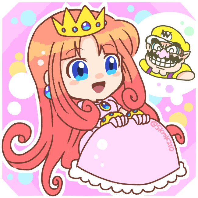 blue_eyes bracelet crown dress earrings gloves jewelry open_mouth pink_dress pink_gloves pink_hair shokora-hime skmkz10 wario wario_land