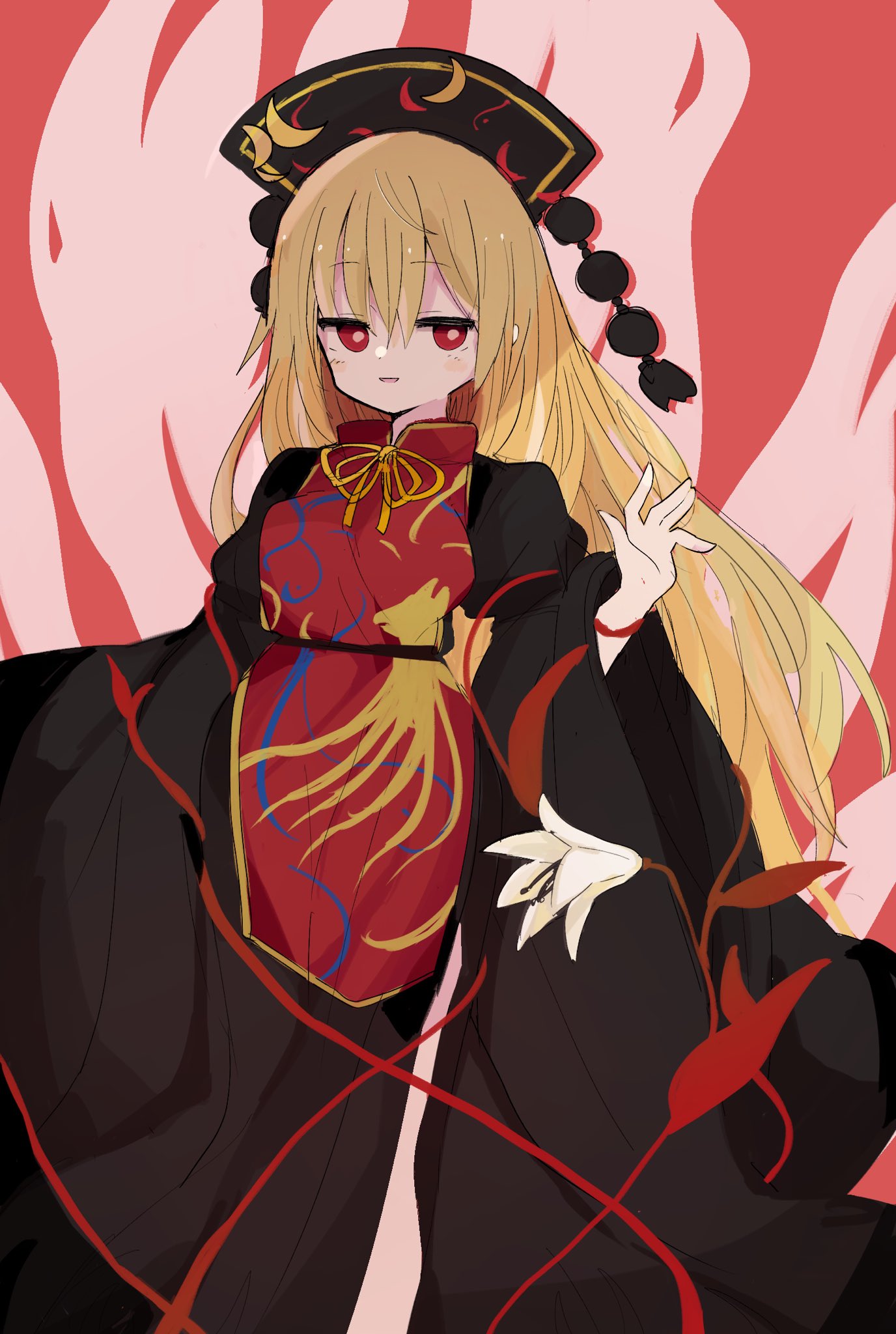 1girl 76gpo :d bangs black_dress blonde_hair dress energy flower headdress highres junko_(touhou) long_hair long_sleeves looking_at_viewer open_mouth red_background red_eyes smile solo standing tabard tassel touhou white_flower wide_sleeves