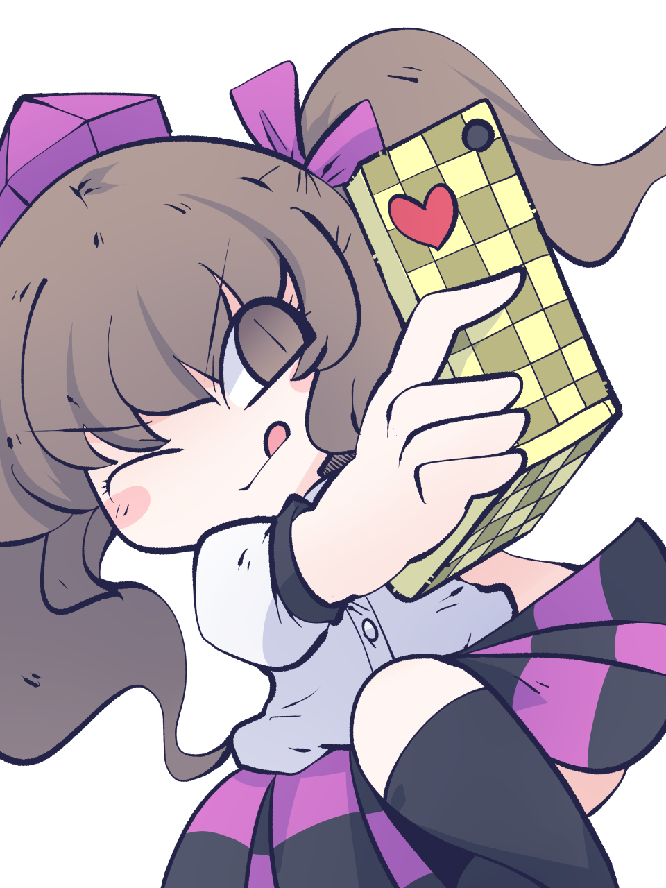 1girl black_legwear blush_stickers brown_eyes brown_hair checkered_clothes checkered_skirt closed_mouth fried_rice0614 hat highres himekaidou_hatate holding holding_phone kneehighs long_hair one-hour_drawing_challenge one_eye_closed phone puffy_short_sleeves puffy_sleeves purple_headwear shirt short_sleeves simple_background skirt smile solo tokin_hat tongue tongue_out touhou white_background white_shirt