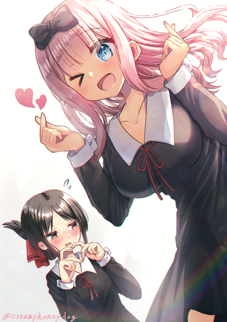 2girls black_hair blue_eyes blush fujiwara_chika kaguya-sama_wa_kokurasetai_~tensai-tachi_no_renai_zunousen~ long_hair multiple_girls one_eye_closed open_mouth pink_hair red_eyes school_uniform shindoi_akio shinomiya_kaguya simple_background