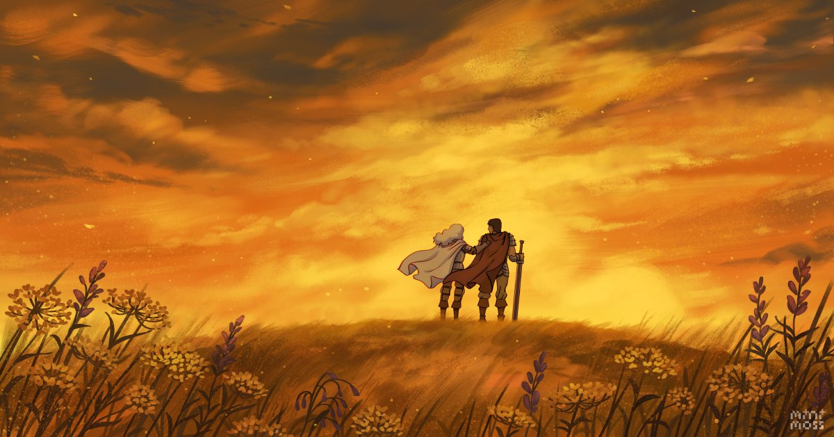 2boys armor berserk boots brown_pants cape character_request clothing_request clouds cloudy_sky commentary english_commentary facing_away flower from_behind gender_request grass griffith_(berserk) guts_(berserk) hand_on_another's_back holding holding_sword holding_weapon leaf long_hair looking_at_another mini-moss multiple_boys outdoors pants pauldrons plant planted planted_sword red_cape shoulder_armor sky sunset sword wavy_hair weapon white_cape white_hair wind
