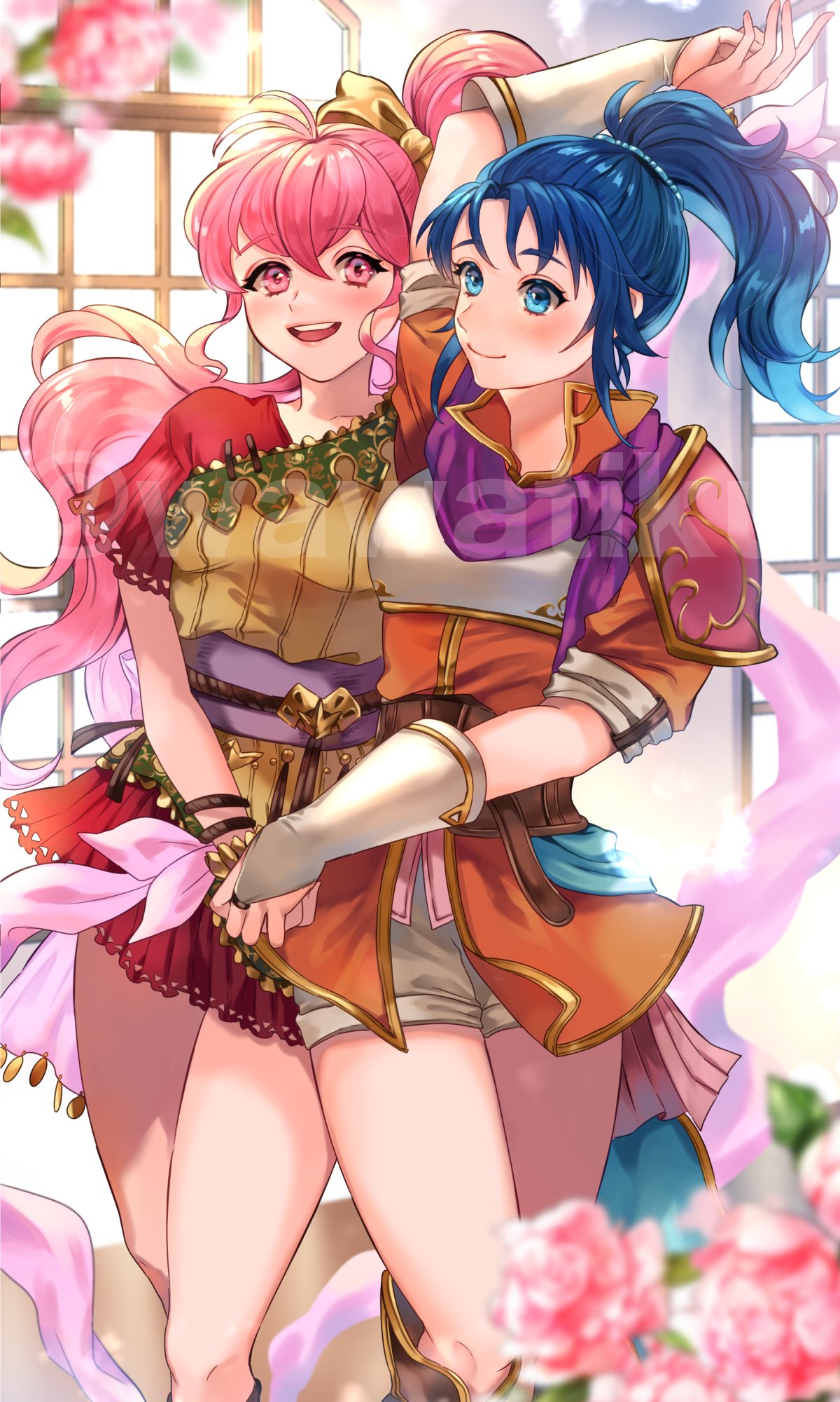 2girls armor blue_hair breastplate commission dancing english_commentary fire_emblem fire_emblem:_mystery_of_the_emblem fire_emblem:_new_mystery_of_the_emblem flower grey_shorts highres holding_hands kris_(fire_emblem) kris_(fire_emblem)_(female) long_hair multiple_girls orange_shirt phina_(fire_emblem) pink_flower pink_hair ponytail shirt shorts side_ponytail skeb_commission smile watermark wawatiku