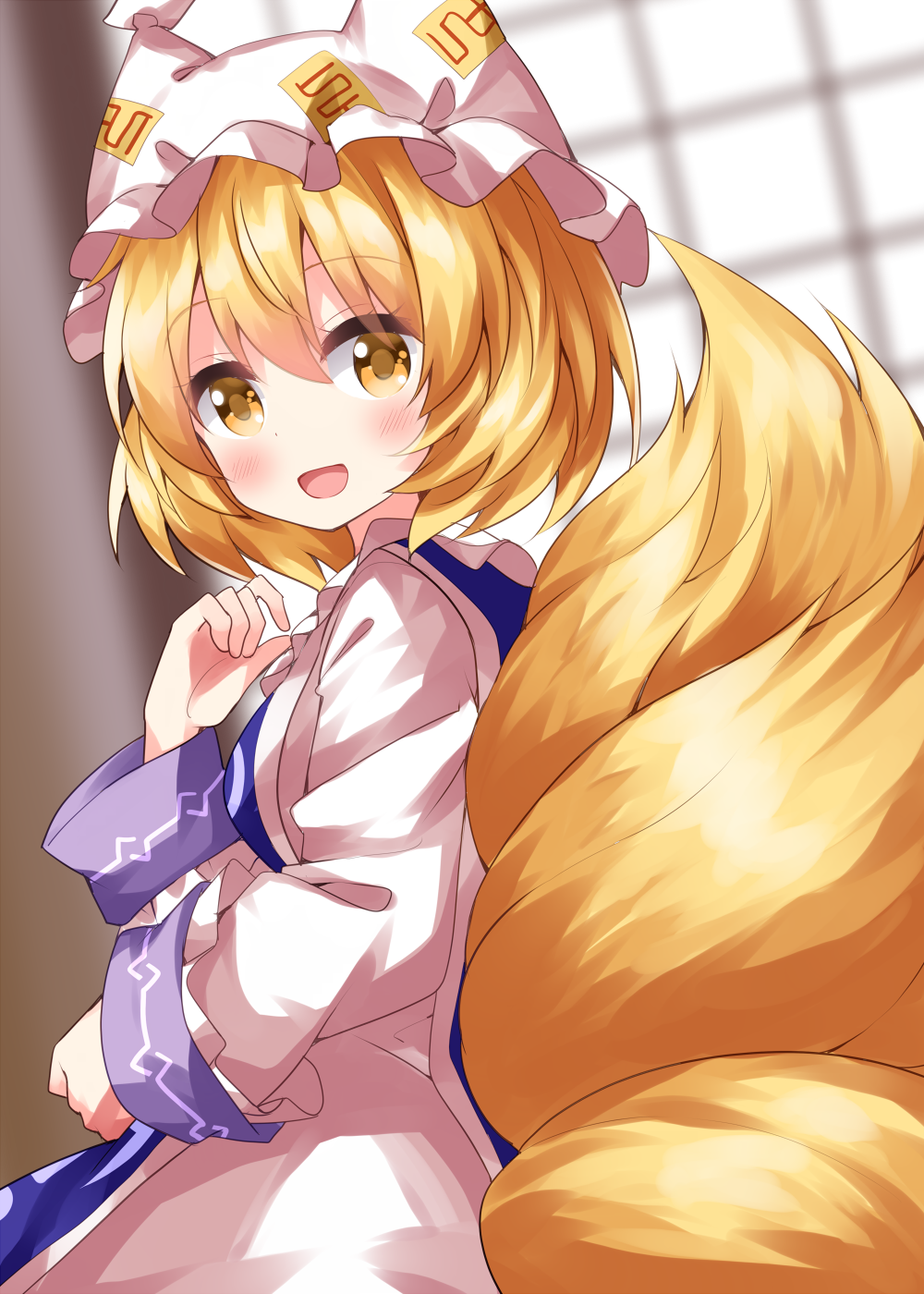 1girl :d bangs blonde_hair blush dress fox_tail hair_between_eyes hat highres long_sleeves looking_at_viewer multiple_tails open_mouth pillow_hat ruu_(tksymkw) short_hair smile solo tabard tail touhou white_dress white_headwear wide_sleeves yakumo_ran yellow_eyes