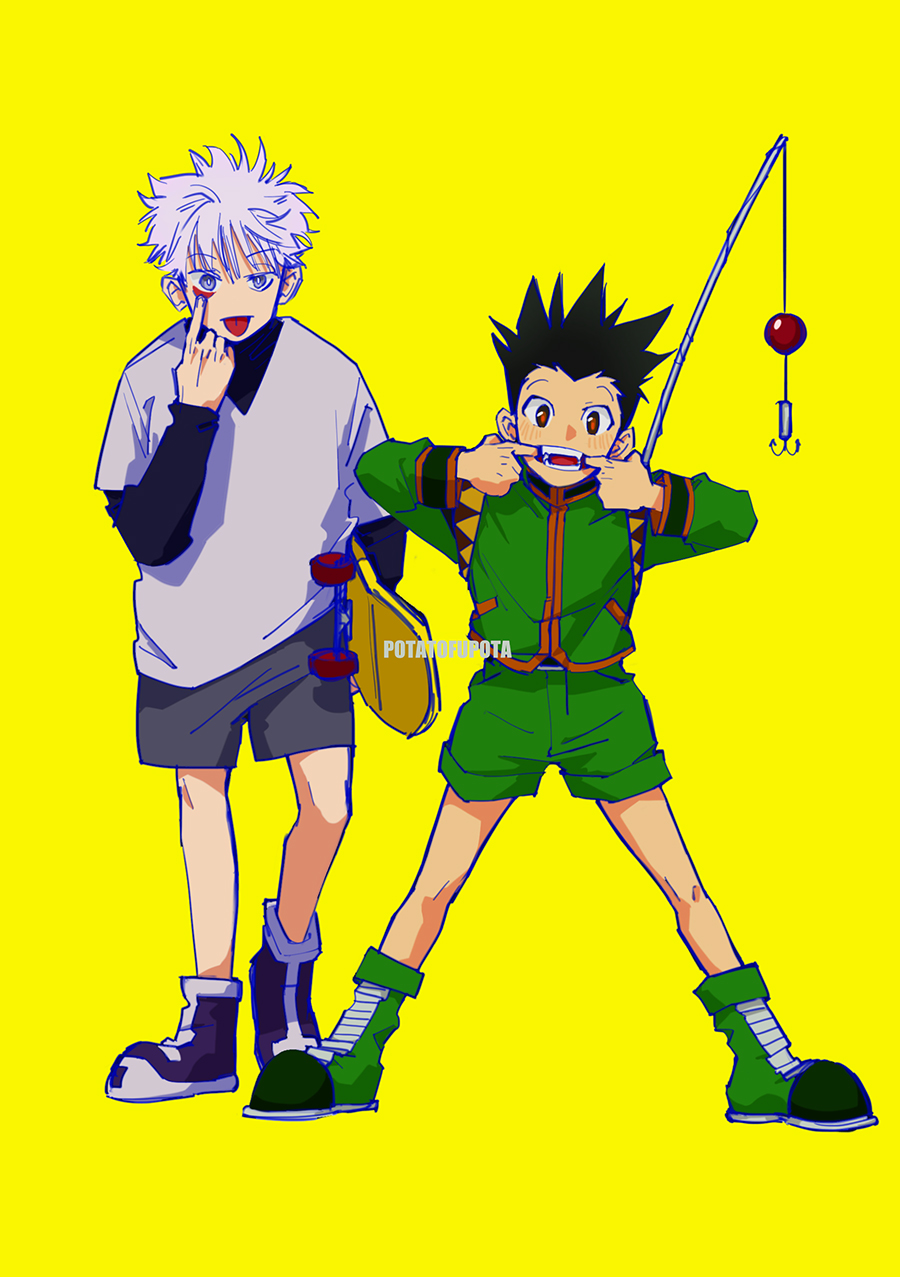2boys black_hair blue_eyes child commentary english_commentary finger_in_own_mouth fishing_rod full_body gon_freecss highres holding hunter_x_hunter killua_zoldyck long_sleeves looking_at_viewer male_child male_focus multiple_boys open_mouth potatofupota short_hair shorts simple_background skateboard sketch smile spiky_hair standing white_hair yellow_background