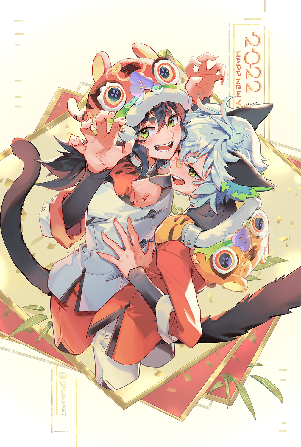 2boys animal_ears arms_up bandaid bandaid_on_face bandaid_on_nose black_hair black_tail cat_ears cat_tail chinese_clothes cropped_legs green_eyes highres hood hood_down hood_up long_hair luoxiaohei medium_hair multiple_boys multiple_persona suncle tail the_legend_of_luo_xiaohei white_hair