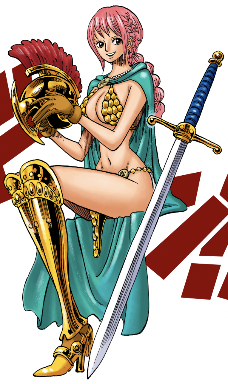 1girl armor bare_legs bikini_armor blue_sky braid breasts cape character_name curvy flower helmet highres holding holding_helmet large_breasts long_hair looking_at_viewer navel official_art one_piece pink_hair rebecca_(one_piece) shiny shiny_skin sky standing sunflower sword weapon