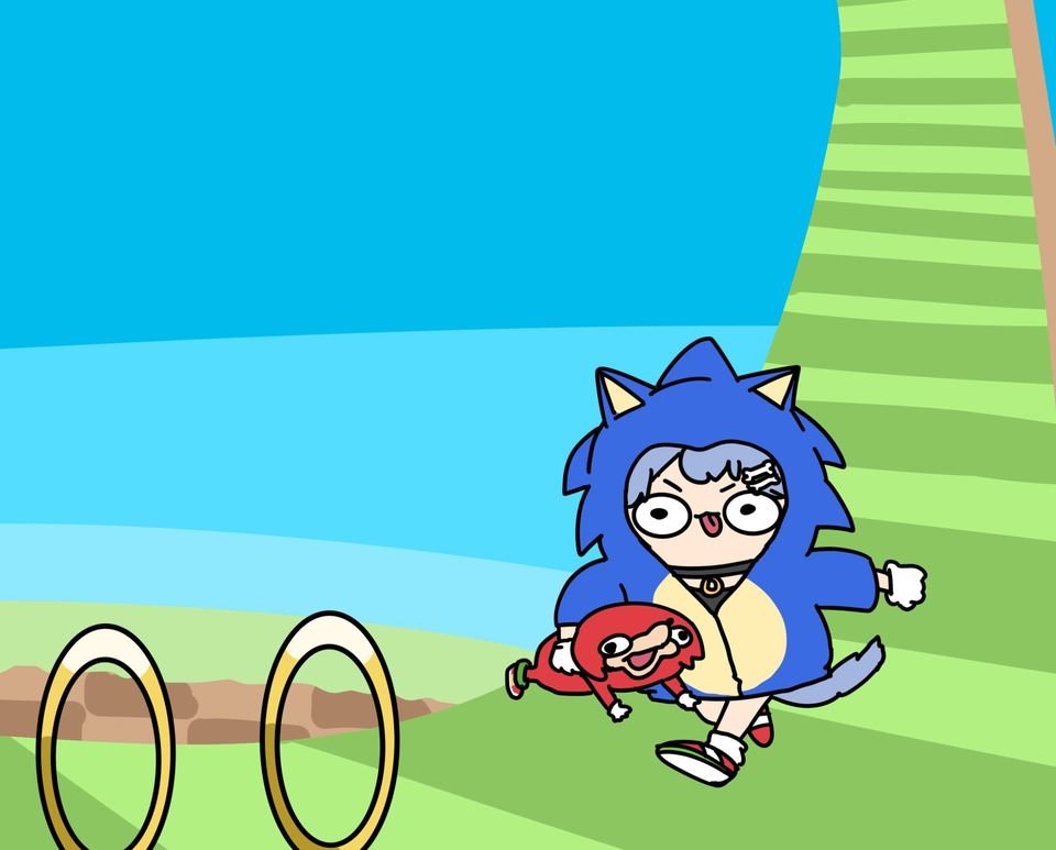 afei_(sfma3248) blue_hair blue_sky blue_tail chibi gloves grass hololive hood hoodie inugami_korone jewelry knuckles_the_echidna ring running simple_background sky sonic_(series) sonic_the_hedgehog tail tongue ugandan_knuckles white_gloves