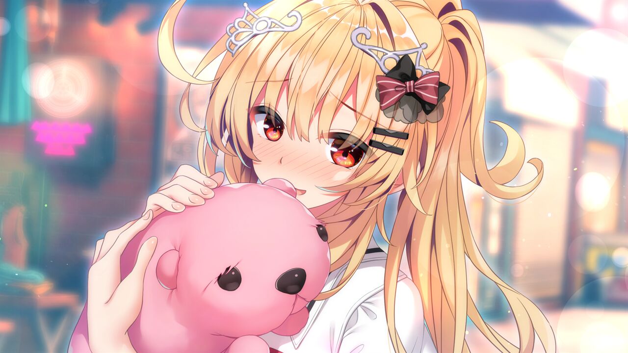 1girl :d bangs black_bow blonde_hair blurry blurry_background blush bow day floating_hair game_cg hair_between_eyes hair_bow honda_tamanosuke lens_flare long_hair outdoors ponytail re:d_cherish red_bow red_eyes rouge_wentworth shiny shiny_hair smile solo striped striped_bow stuffed_animal stuffed_toy upper_body very_long_hair