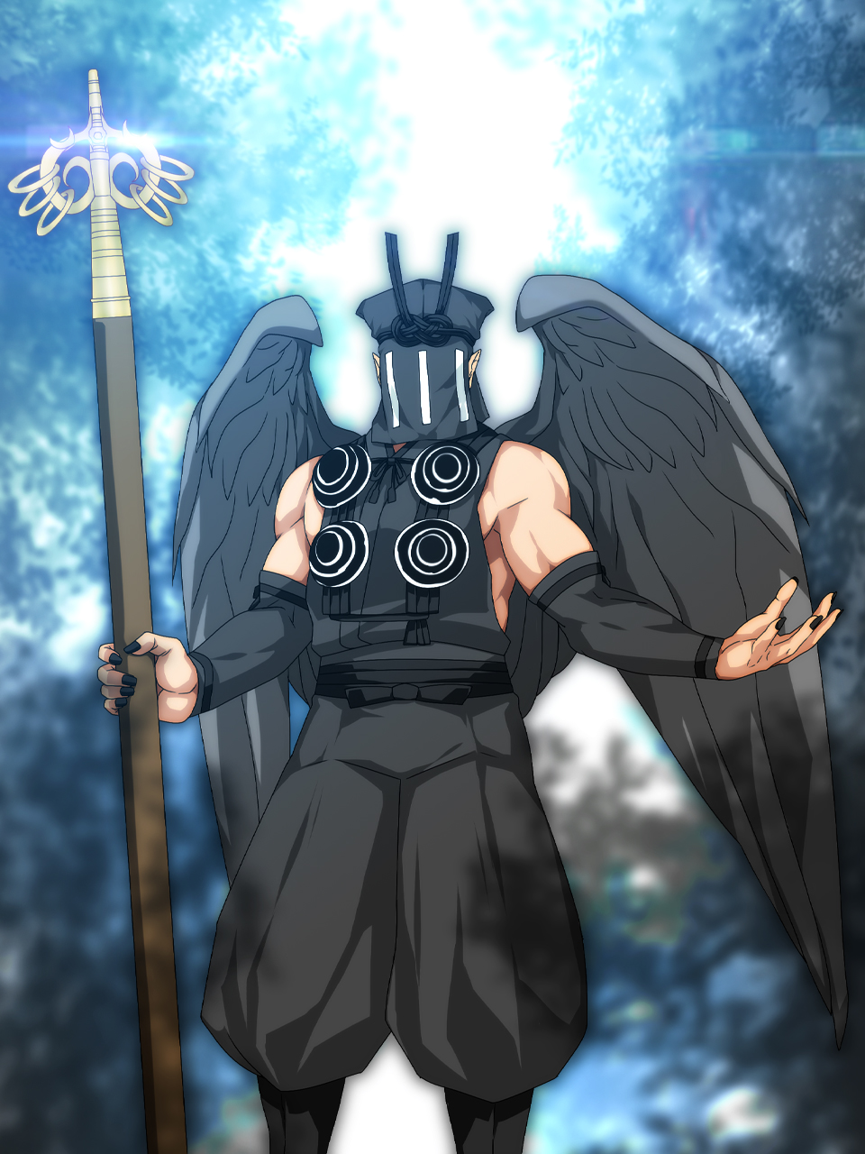 bird_wings black_nails black_wings covered_face detached_sleeves forest hakama highres holding holding_weapon japanese_clothes karasu_tengu_(megami_tensei) knot muscular muscular_male nature nura shakujou shin_megami_tensei shin_megami_tensei_iii:_nocturne staff tengu weapon wings