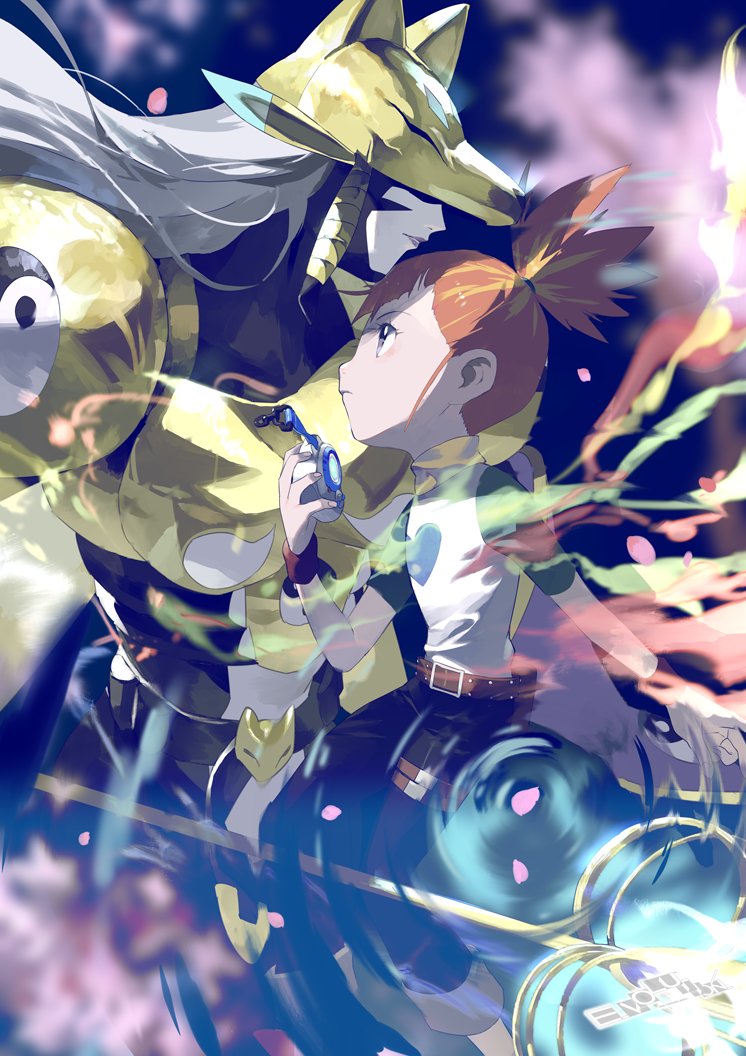 2girls animal_ears armor bangs belt black_belt black_bodysuit blue_sleeves blurry blurry_background bodysuit breasts brown_belt brown_hair capri_pants cherry_blossoms closed_mouth covered_eyes d-ark denim digimon digimon_(creature) digimon_tamers digivice e_volution facial_mark flat_chest floating_hair fox_mask gloves heart heart_print holding holding_staff jeans lipstick long_hair looking_up makeup makino_ruki mask medium_breasts multiple_girls night pants ponytail purple_lips raglan_sleeves ripples sakuyamon shirt short_sleeves shoulder_armor sidelocks staff very_long_hair violet_eyes white_shirt wristband yellow_armor yin_yang yin_yang_print