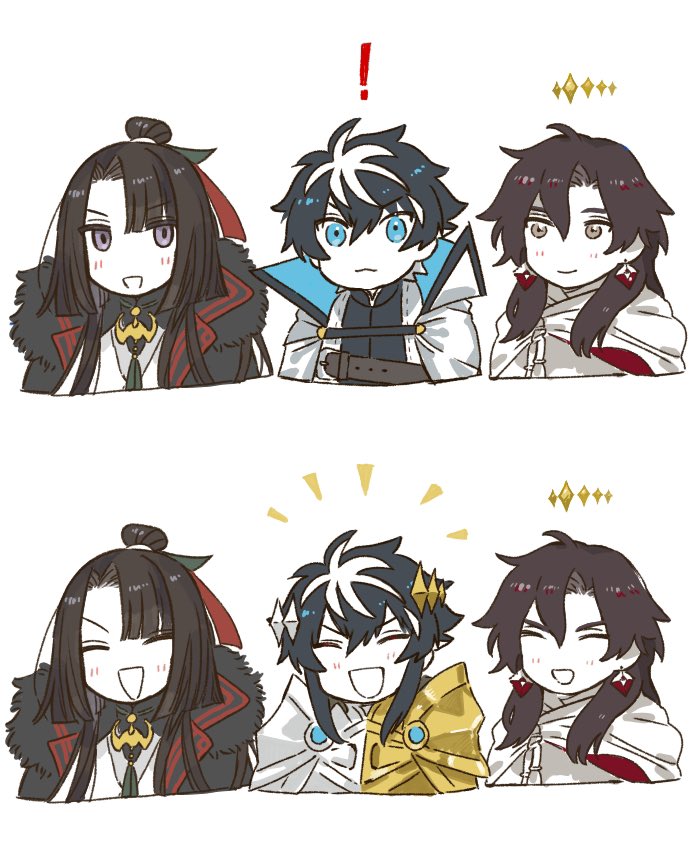 ! 3boys :3 :d ^_^ armor belt black_cape black_hair black_shirt blue_eyes brown_belt brown_eyes cape charlemagne_(fate) chibi cloak closed_eyes collared_cape constantine_xi_(fate) cropped_torso curtained_hair earrings fate/grand_order fate_(series) fur-trimmed_cape fur_trim hair_between_eyes hair_bun hair_ornament halo huzishiro jewelry long_hair looking_at_another looking_at_viewer male_focus mandarin_collar multicolored_hair multiple_boys multiple_views notice_lines shirt short_hair short_hair_with_long_locks simple_background single_hair_bun smile straight_hair streaked_hair tai_gong_wang_(fate) triangle_mouth violet_eyes white_background white_cape white_cloak white_hair