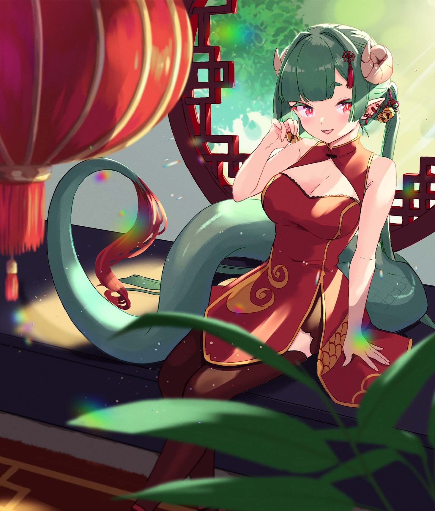 1girl architecture bangs bell black_legwear blunt_bangs blurry blurry_foreground breasts commentary_request dragon_girl dragon_tail dress earrings east_asian_architecture green_hair hair_tassel highres horns indoors jewelry jingle_bell light_rays long_hair mao_sakuramau medium_breasts open_mouth original pointy_ears print_dress red_dress red_eyes red_tassel round_window sitting sleeveless sleeveless_dress smile tail twintails window
