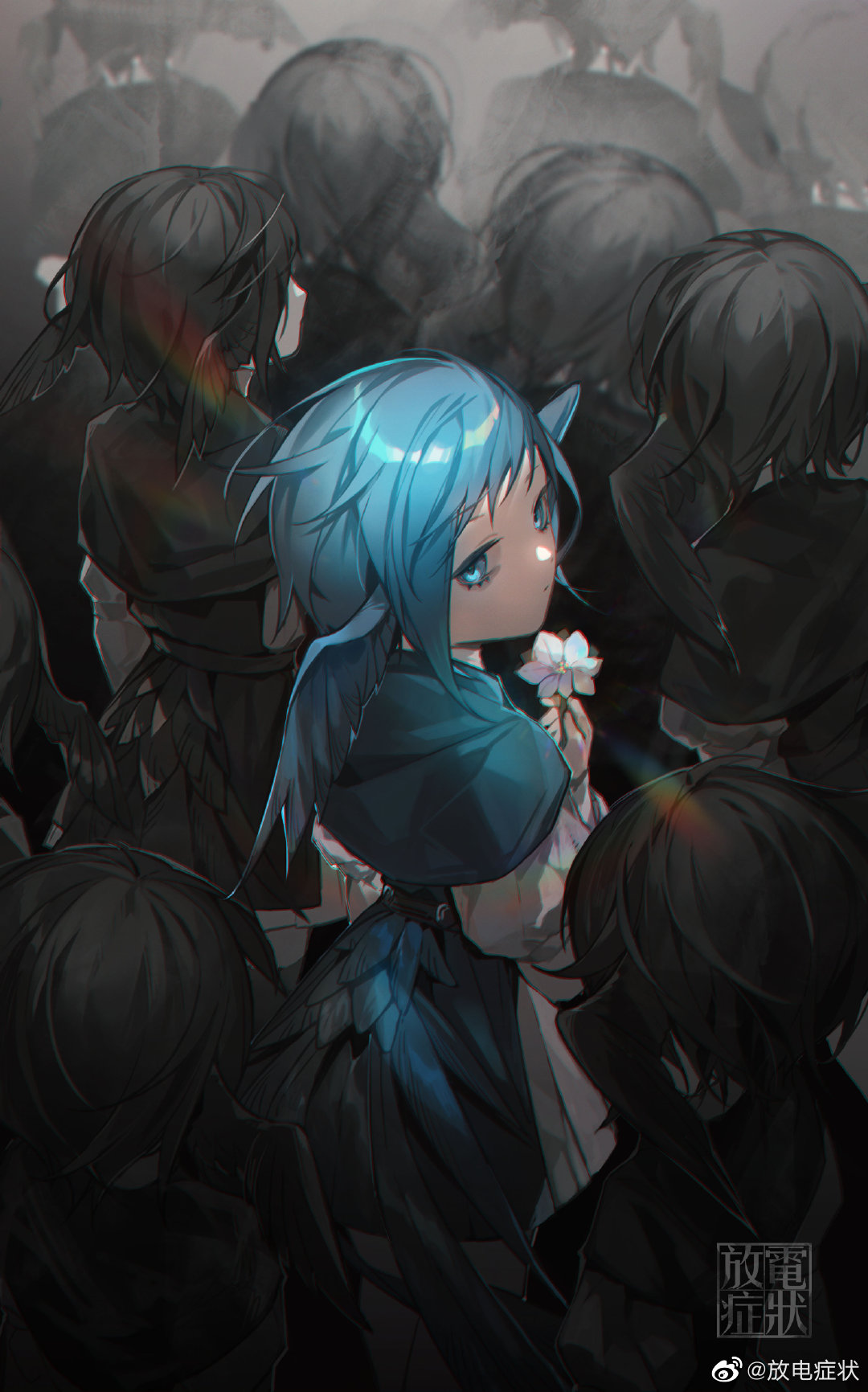 6+girls artist_name bird_girl bird_tail bird_wings black_capelet black_hair blue_capelet blue_eyes blue_hair bromelia capelet commentary crowd dress expressionless feathered_wings final_fantasy final_fantasy_xiv flower from_above head_wings highres holding holding_flower looking_back meteion multiple_girls multiple_persona short_hair solo_focus spoilers standing tail weibo_logo weibo_username white_dress white_flower wings