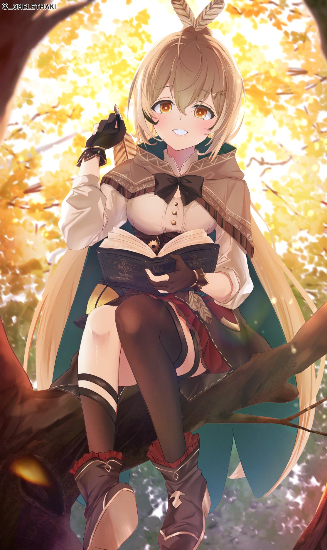 1girl ahoge ankle_boots asymmetrical_legwear autumn autumn_leaves bangs belt book boots branch brown_capelet brown_cloak brown_corset brown_eyes brown_hair cape capelet cloak corset dagger falling_leaves feather_hair_ornament feathers gloves grin hair_ornament hairclip highres hololive hololive_english in_tree knee_strap kneehighs knife lantern leaf long_hair multicolored_hair nanashi_mumei omeletmaki partially_fingerless_gloves pleated_skirt ponytail quill red_skirt ribbon shirt single_kneehigh single_thighhigh sitting skirt smile streaked_hair thigh-highs thigh_strap tree very_long_hair virtual_youtuber weapon white_shirt