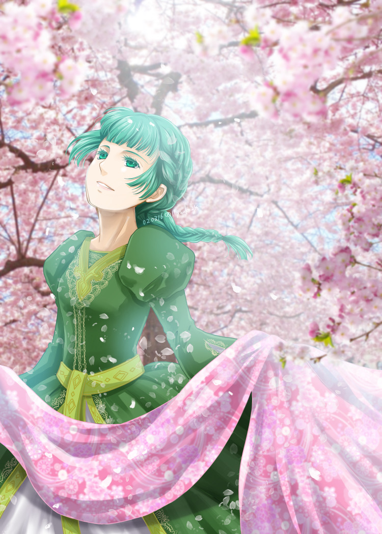 1girl bangs blunt_bangs braid braided_ponytail cherry_blossoms colored_eyelashes day dress floating_hair green_dress green_eyes green_hair grin head_tilt holding honzuki_no_gekokujou lieseleta_(honzuki_no_gekokujou) long_hair long_sleeves outdoors ponytail sash smile solo spring_(season) standing yuuko24