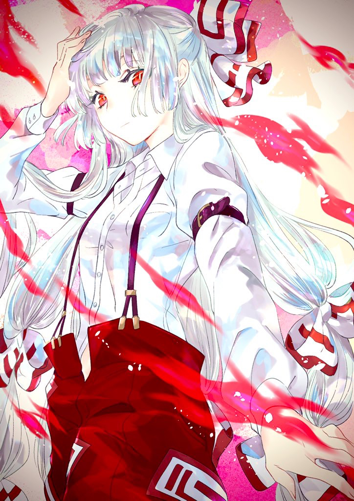 1girl arm_belt bangs blunt_bangs bow buttons collared_shirt commentary cowboy_shot expressionless fire fujiwara_no_mokou hair_bow hand_on_own_head hime_cut long_hair long_sleeves looking_at_viewer ofuda ofuda_on_clothes open_fly pants pocket red_bow red_eyes red_pants shirt sidelocks solo suspenders touhou two-tone_bow urushimaru0701 white_bow white_shirt