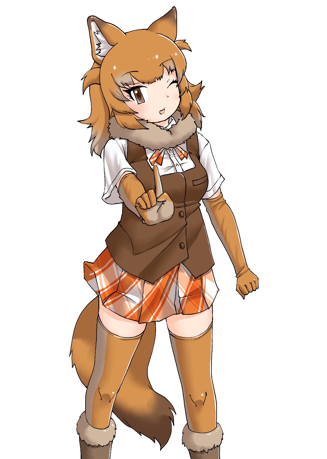 1girl animal_ears boots bow bowtie brown_eyes brown_footwear brown_gloves brown_hair brown_legwear brown_vest dhole_(kemono_friends) dhole_(kemono_friends)_(old_design) dog_ears dog_girl dog_tail elbow_gloves fur_collar fur_trim gloves highres kemono_friends light_brown_hair looking_at_viewer multicolored_hair one_eye_closed orange_bow orange_bowtie orange_skirt plaid plaid_skirt pleated_skirt shirt short_hair short_sleeves skirt solo tail thigh-highs uf34a vest white_shirt zettai_ryouiki