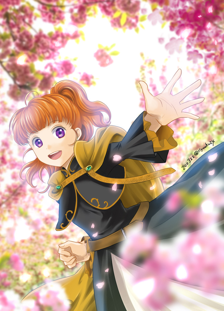 1girl :d bangs belt black_dress blunt_bangs blurry blurry_background blurry_foreground brown_belt brown_hair cape cherry_blossoms dated dress flower honzuki_no_gekokujou judith_(honzuki_no_gekokujou) layered_sleeves long_hair long_sleeves looking_at_viewer open_mouth pink_flower ponytail red_flower shiny shiny_hair smile solo spring_(season) twitter_username violet_eyes yellow_cape yuuko24