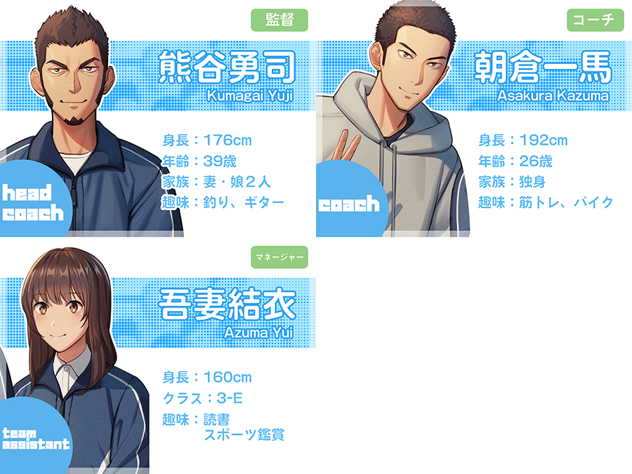 1girl 2boys blue_track_suit brown_eyes brown_hair buzz_cut character_name character_profile collared_shirt crew_cut grey_hoodie hood hoodie multiple_boys original shirt short_hair straight-on straight_hair tettabuzz very_short_hair