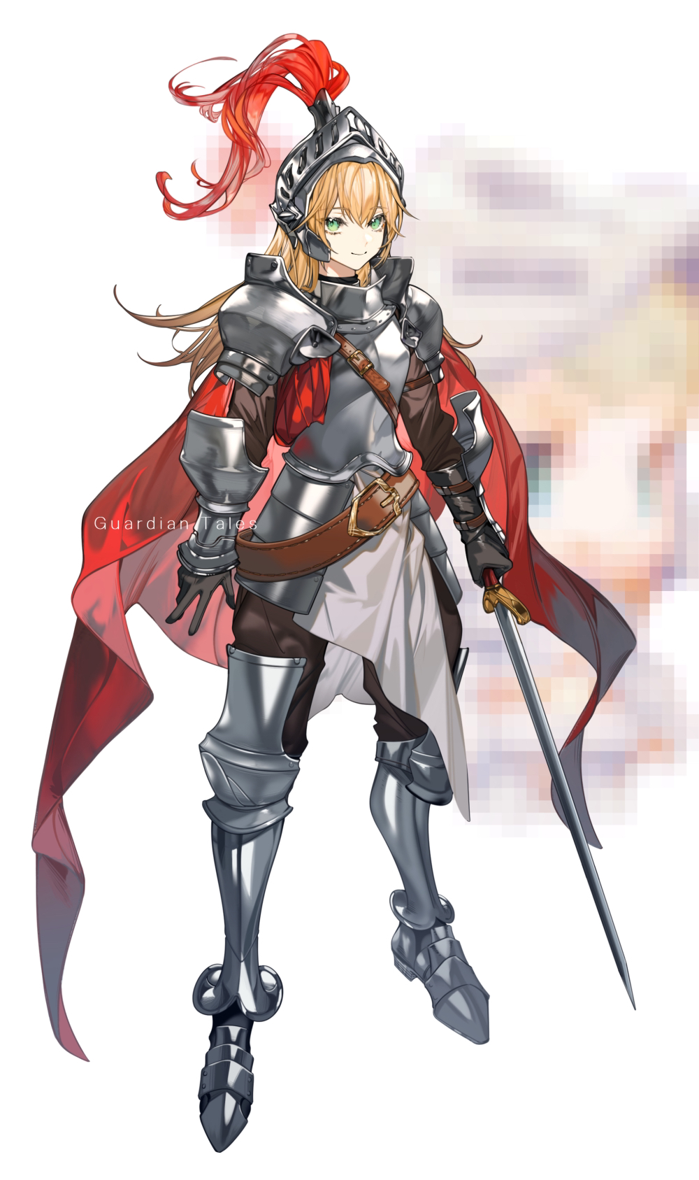 1girl arlizi armor bangs belt blonde_hair breastplate cape copyright_name female_knight_(guardian_tales) full_body green_eyes guardian_tales helmet highres holding holding_sword holding_weapon knight leg_armor long_hair pauldrons red_cape shoulder_armor smile solo standing sword vambraces weapon