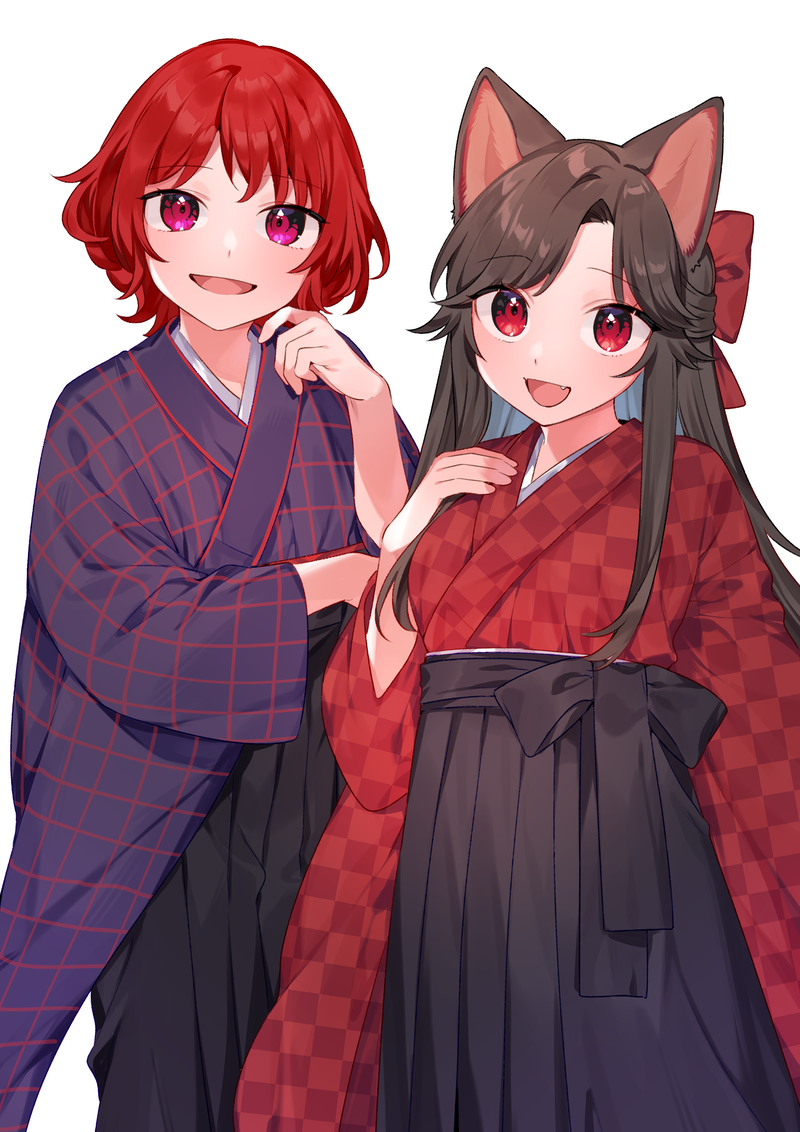 2girls akagashi_hagane alternate_costume alternate_eye_color animal_ears bangs belt black_belt black_bow black_skirt blush bow breasts brown_hair commission fang gradient hair_bow hand_on_own_chest hand_up hands_up horikawa_raiko imaizumi_kagerou japanese_clothes kimono long_hair long_sleeves looking_at_viewer medium_breasts multicolored_clothes multicolored_kimono multiple_girls open_mouth pink_eyes plaid plaid_shirt purple_kimono purple_shirt red_bow red_eyes red_kimono red_shirt redhead shirt short_hair simple_background skeb_commission skirt smile standing tongue touhou white_background wide_sleeves wolf_ears