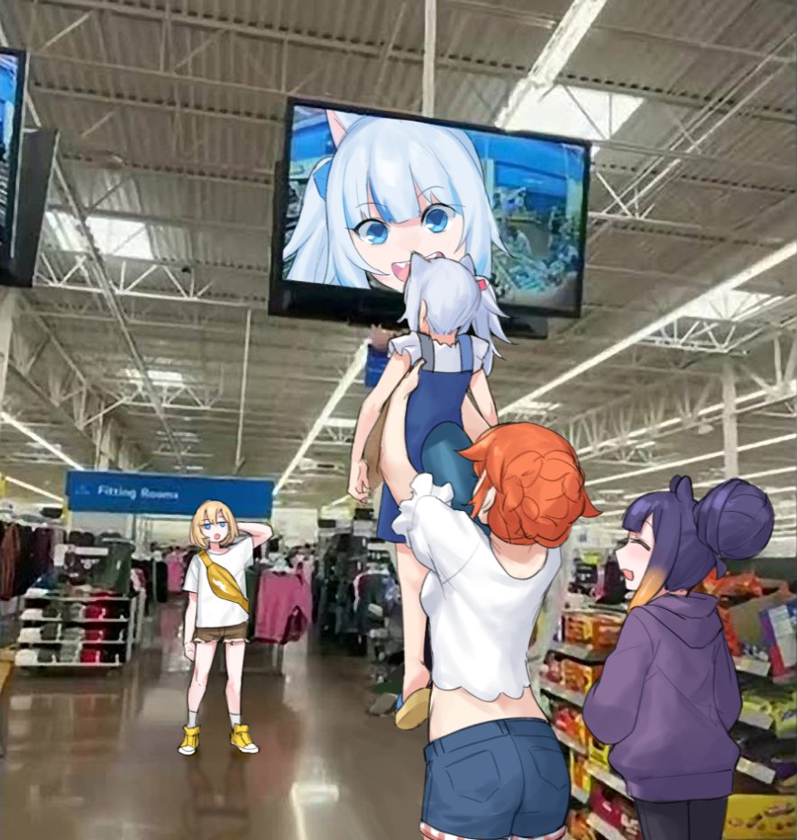 4girls absolutely_losing_it_over_this_picture_of_my_brother_with_his_baby_(meme) animal_ears back blonde_hair blue_eyes blue_hair blush braid cat_ears closed_eyes dasdokter fish_tail french_braid full_body gawr_gura holding_up hololive hololive_english hood hoodie indoors meme multicolored_hair multiple_girls ninomae_ina'nis open_mouth orange_hair purple_hair shark_tail shirt shoes short_hair shorts side_ponytail smile sneakers standing streaked_hair tail takanashi_kiara walmart watson_amelia white_hair