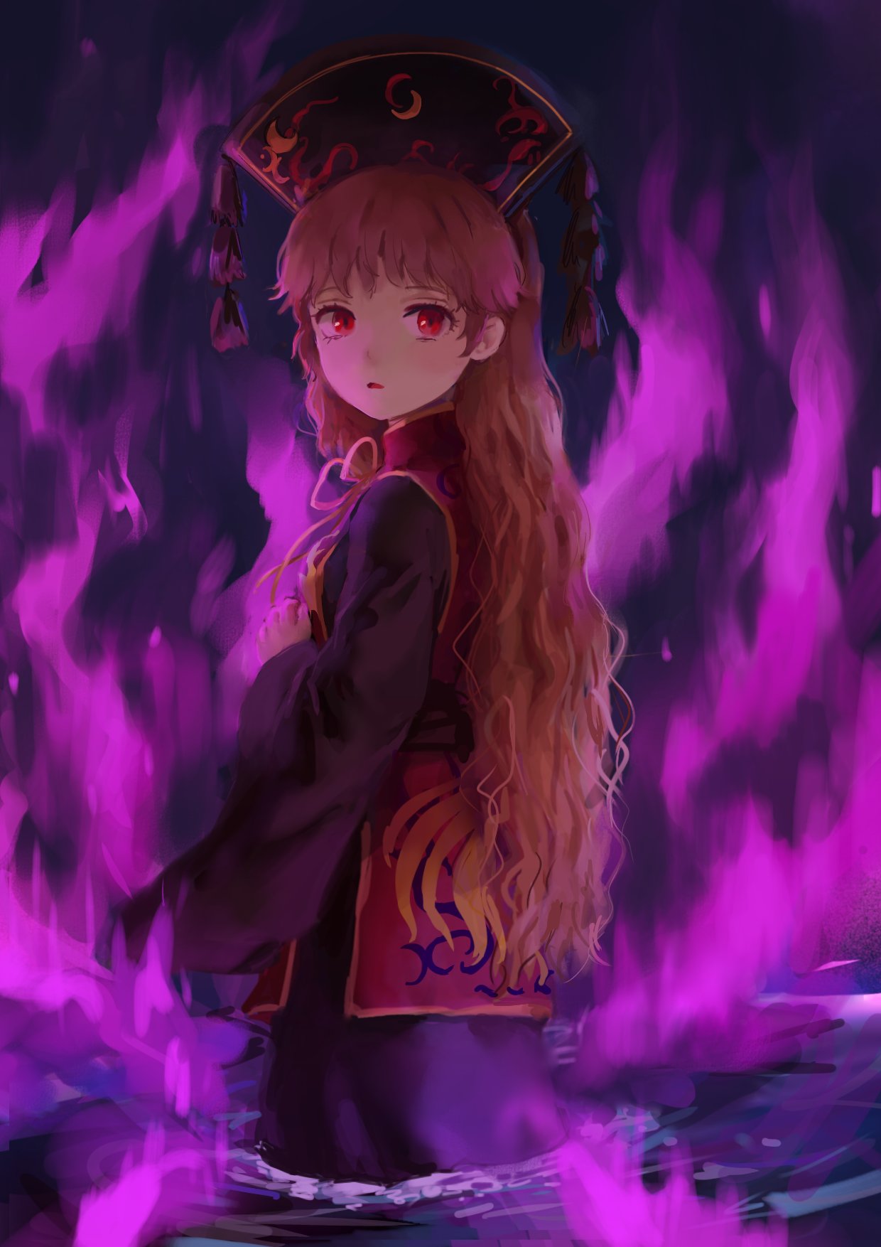 1girl alternate_hair_color bangs black_headwear brown_hair crescent from_behind hand_up hat highres himuhino junko_(touhou) long_hair looking_back looking_to_the_side open_mouth phoenix_crown pom_pom_(clothes) solo standing tabard touhou