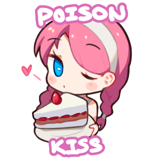 arknights blowing_kiss blue_eyes blue_poison_(arknights) blue_poison_(shoal_beat)_(arknights) blush cake cake_slice chibi english_text food fruit greypidjun hairband heart holding holding_plate lowres official_alternate_costume one_eye_closed pink_hair plate rectangular_pupils simple_background solo strawberry strawberry_shortcake transparent_background white_hairband