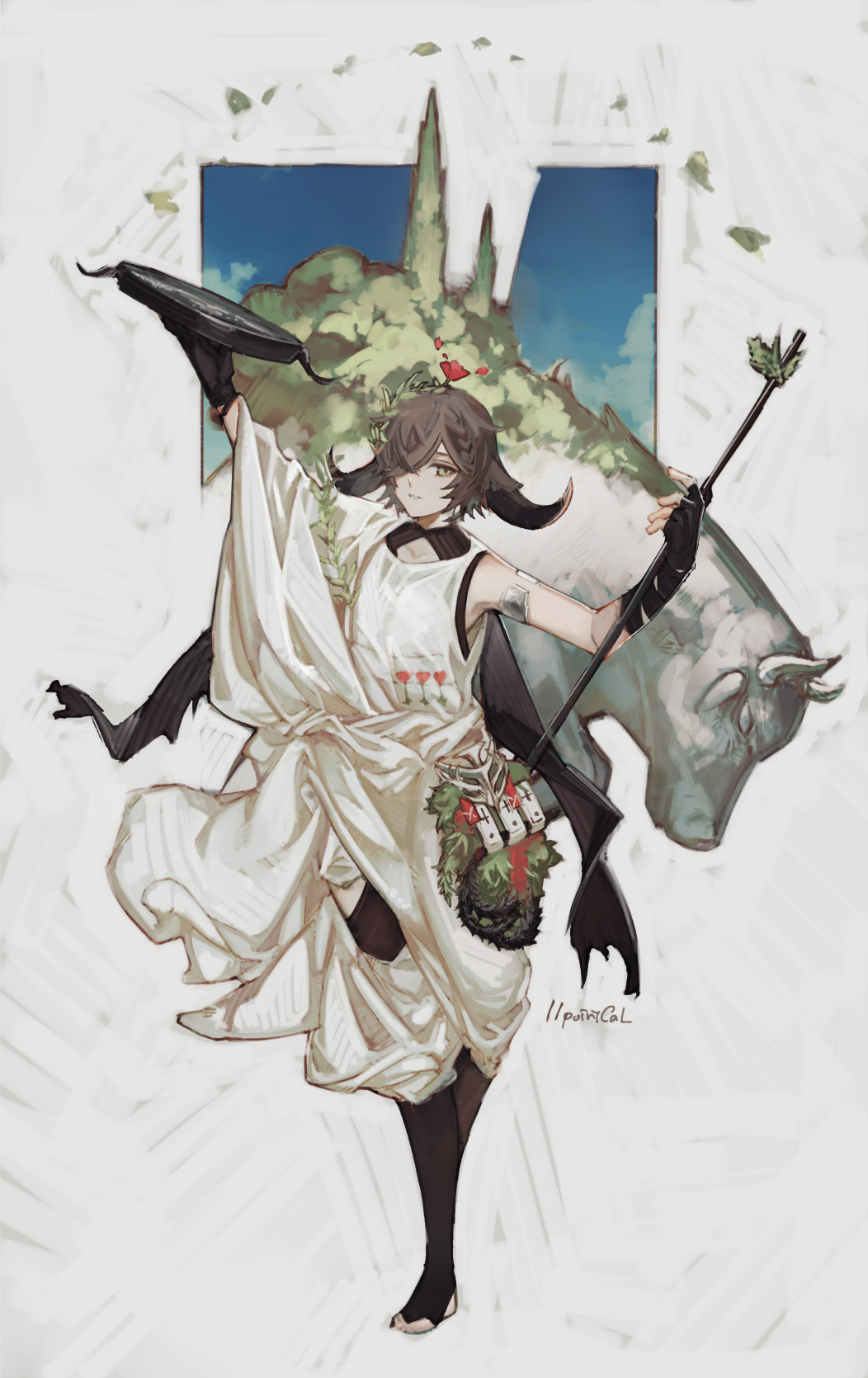 1girl animal_ears arknights armlet armpits black_gloves black_legwear brown_hair bull cow_ears cow_girl cow_horns elbow_gloves fingerless_gloves flower full_body gloves green_eyes hair_over_one_eye highres holding holding_staff horns official_alternate_costume pallas_(arknights) pallas_(heritage)_(arknights) parted_lips pouch red_flower short_hair signature single_bare_shoulder smile solo staff standing stirrup_legwear toeless_legwear tunic watori_re