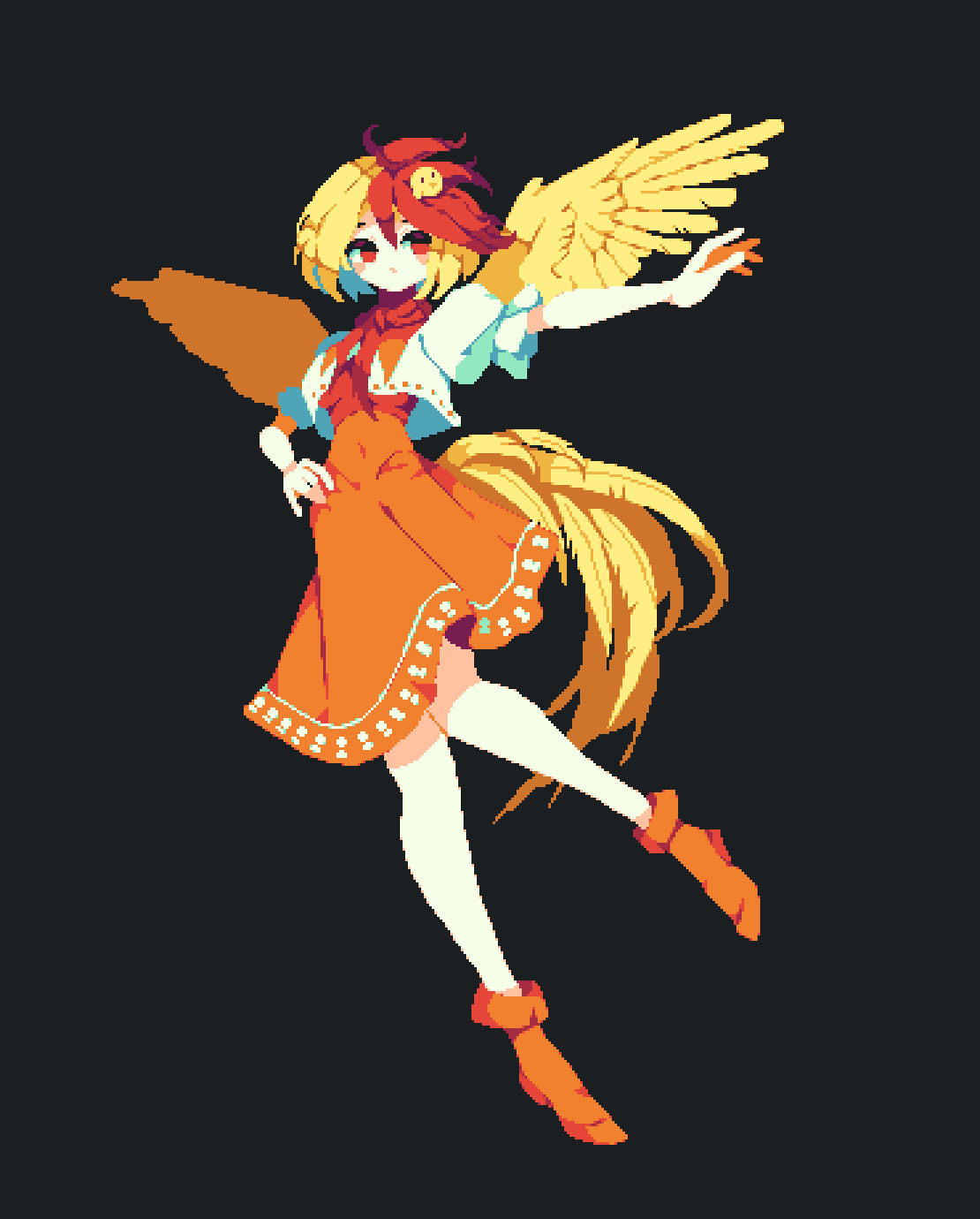 1girl 4qw5 animal_on_head bangs bird bird_on_head bird_wings black_background blonde_hair chick dress full_body highres looking_at_viewer multicolored_hair niwatari_kutaka on_head orange_dress orange_footwear pixel_art puffy_short_sleeves puffy_sleeves red_eyes redhead shirt short_sleeves simple_background solo tail_feathers touhou two-tone_hair white_shirt wings yellow_wings