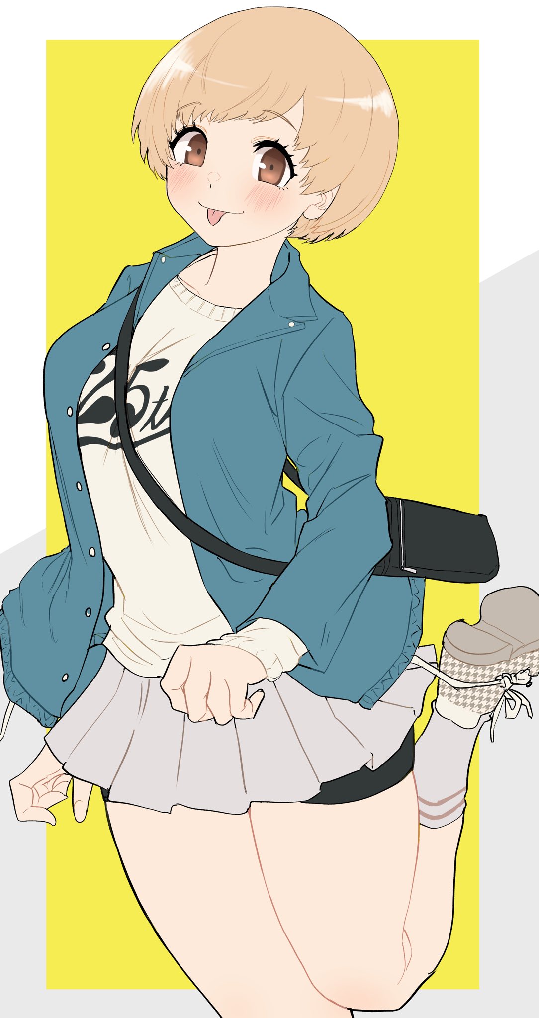 1girl :p bike_shorts_under_skirt blue_jacket blush border breasts brown_eyes brown_hair collared_jacket commentary_request eyelashes foot_out_of_frame foot_up grey_border grey_shirt highres jacket kurosususu long_sleeves looking_at_viewer medium_breasts miniskirt persona persona_4 pleated_skirt satonaka_chie shiny shiny_hair shirt short_hair skirt solo standing standing_on_one_leg thighs tongue tongue_out white_border yellow_background