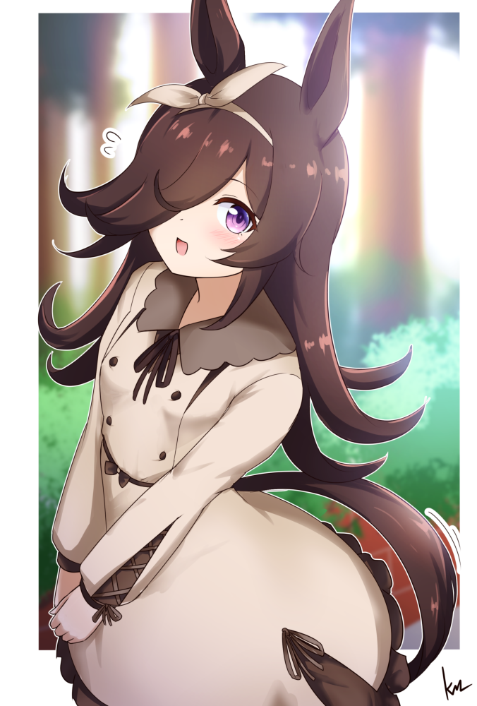 1girl alternate_costume animal_ears black_hair blurry breasts casual commentary_request hair_ornament hair_over_one_eye headband horse_ears horse_girl horse_tail kimukimu long_hair rice_shower_(umamusume) signature small_breasts solo tail umamusume