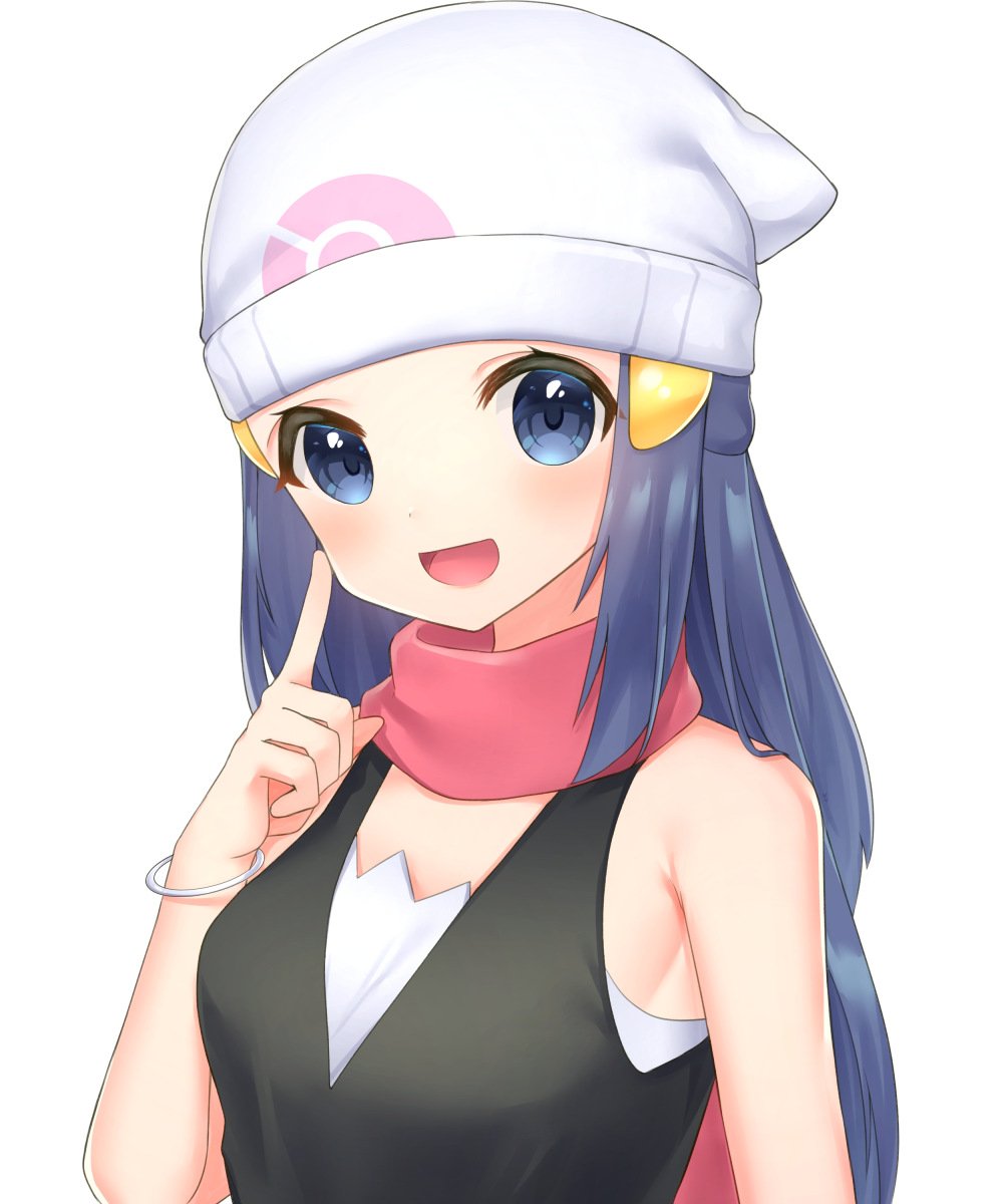 1girl :d banned_artist beanie black_hair black_shirt blue_eyes bracelet commentary eyelashes hair_ornament hairclip hand_up hat highres hikari_(pokemon) jewelry long_hair open_mouth pink_scarf pokemon pokemon_(game) pokemon_dppt scarf shirt sidelocks simple_background sleeveless sleeveless_shirt smile solo takahara tongue upper_body white_background white_headwear