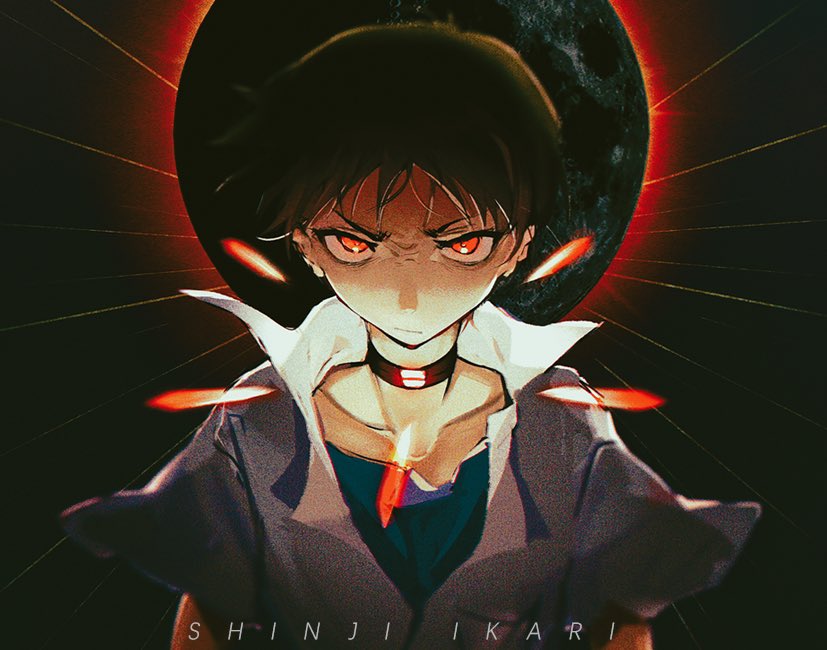 1boy angry bangs black_background brown_hair character_name chiiiirou collar collarbone collared_shirt dress_shirt eclipse furrowed_brow glowing halo ikari_shinji looking_at_viewer male_focus neon_genesis_evangelion rebuild_of_evangelion red_eyes school_uniform shirt short_hair short_sleeves solo undershirt upper_body white_shirt