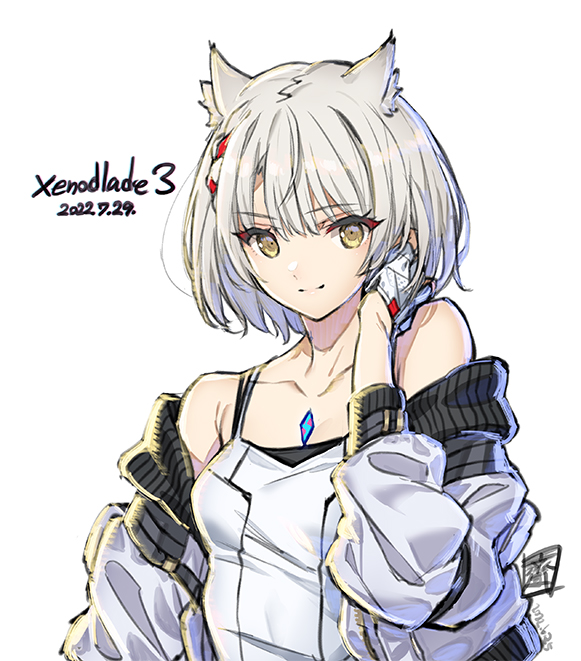 1girl animal_ears bangs breasts camisole cat_ears chest_jewel jacket looking_at_viewer mio_(xenoblade) pleated_skirt saitou_masatsugu short_hair shoulder_strap simple_background skirt small_breasts solo tank_top white_camisole white_hair white_jacket white_skirt white_tank_top xenoblade_chronicles_(series) xenoblade_chronicles_3 yellow_eyes