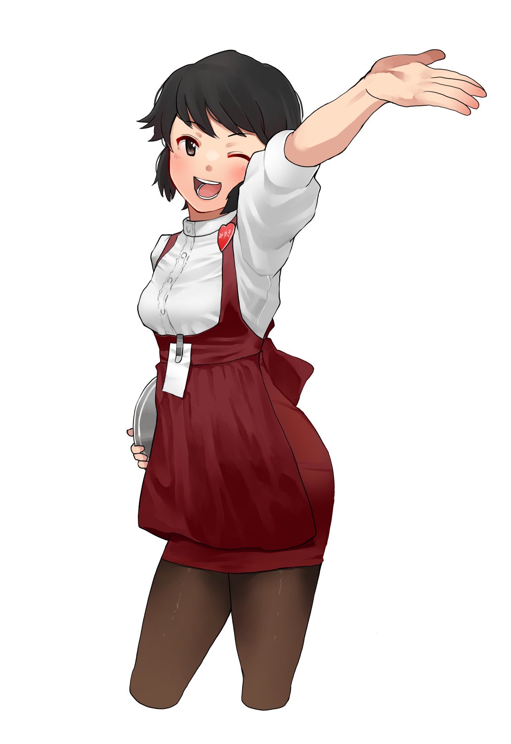 1girl alternate_costume anna_miller apron black_hair black_legwear brown_eyes commentary_request cropped_legs foreshortening highres kantai_collection miyuki_(kancolle) open_mouth pantyhose red_apron red_skirt round_teeth shirt short_hair simple_background skirt smile solo teeth tooku_nomura_(artist) tray upper_teeth waitress waving wavy_hair white_background white_shirt
