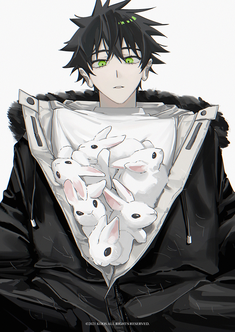 1boy animal animal_in_clothes bangs black_coat black_hair coat eyelashes fur-trimmed_coat fur_trim fushiguro_megumi green_eyes hair_between_eyes highres jujutsu_kaisen k00s long_sleeves looking_down male_focus open_clothes open_coat parted_lips rabbit short_hair simple_background spiky_hair sweater too_many too_many_rabbits white_background white_sweater