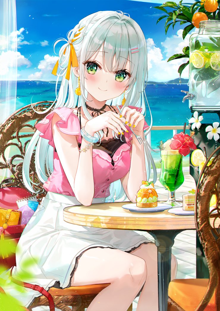 1girl bangs blue_sky blush bracelet cake chair choker closed_mouth clouds cup flower food fork frilled_sleeves frills fruit fuumi_(radial_engine) green_eyes hair_ornament hair_ribbon hairclip hand_up holding holding_fork jewelry long_hair looking_at_viewer nail_polish ocean orange_(fruit) orange_ribbon orange_tree original outdoors pink_shirt plate ribbon shirt short_sleeves sitting skirt sky smile solo summer table tree water white_hair white_skirt