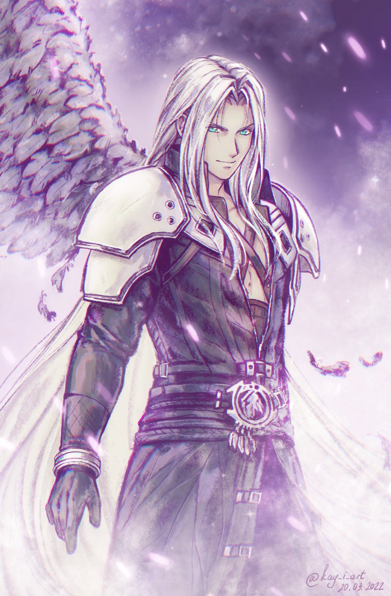 1boy armor belt black_feathers black_jacket elena_ivlyushkina feathers final_fantasy final_fantasy_vii final_fantasy_vii_remake gloves green_eyes highres jacket long_hair looking_at_viewer male_focus sephiroth single_wing smile solo wings