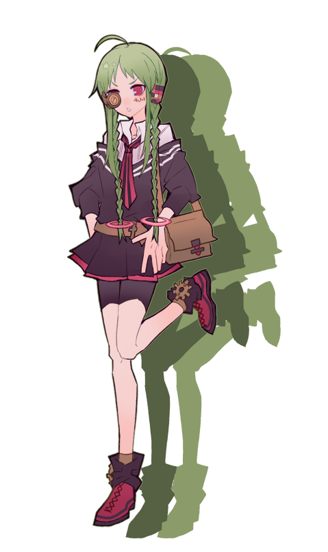 1bitheart 1girl @_@ ahoge ankle_boots bike_shorts black_bow black_jacket black_shorts black_skirt boots bow braid brown_bag footwear_bow full_body gears green_hair hands_on_hips headphones jacket leg_up long_hair long_sleeves looking_at_viewer mekami_hiyu miwasiba monocle necktie off_shoulder official_art pink_eyes red_footwear red_necktie rubik's_cube shirt shorts shorts_under_skirt sidelocks skirt solo transparent_background twin_braids very_long_hair white_shirt