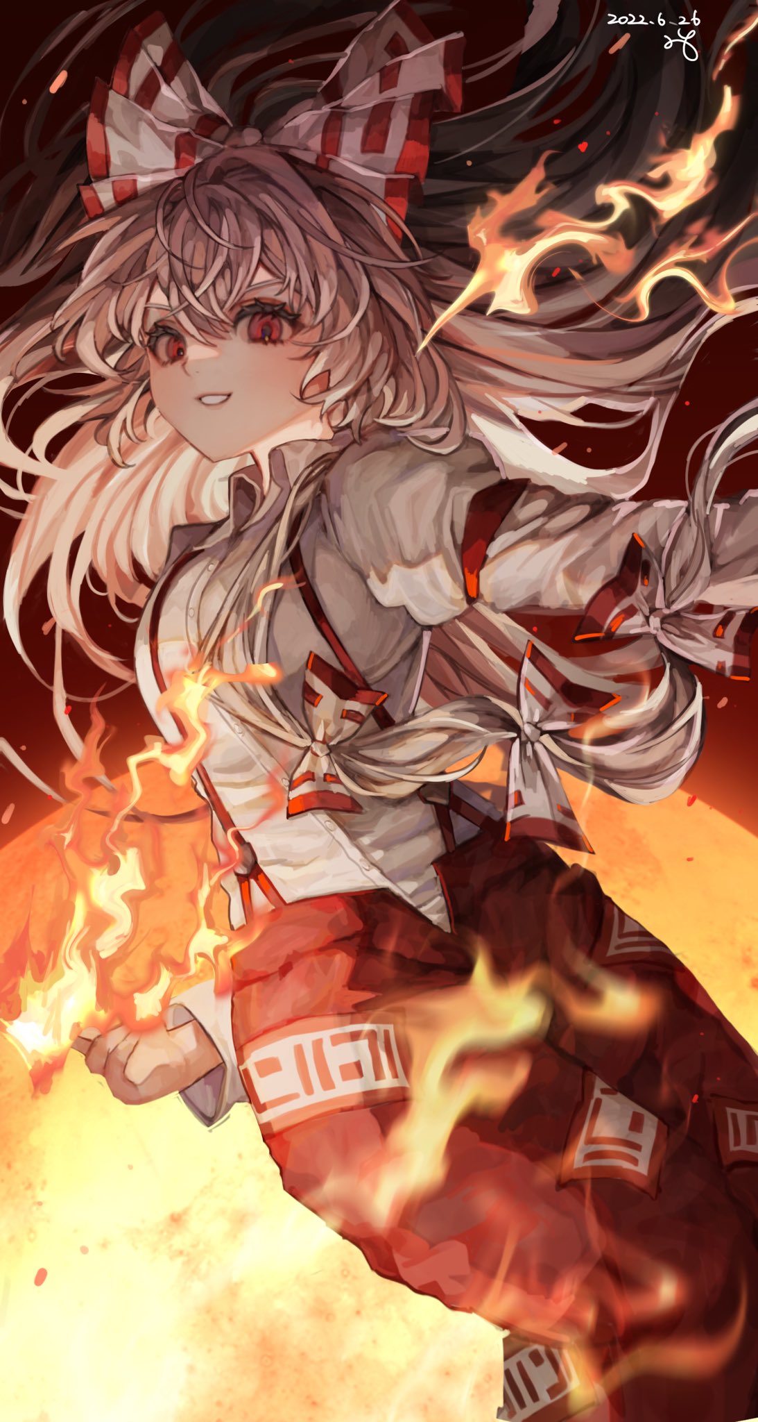 1girl arm_up bangs bow breasts brown_background buttons closed_mouth collared_shirt fire fujiwara_no_mokou gradient gradient_background grey_bow grey_shirt hair_between_eyes hair_bow hand_up highres juliet_sleeves long_sleeves looking_at_viewer medium_breasts moon multicolored_bow ofuda ofuda_on_clothes pants puffy_long_sleeves puffy_sleeves red_bow red_eyes red_pants shirt signature smile solo teeth touhou v-shaped_eyebrows zyuwfc