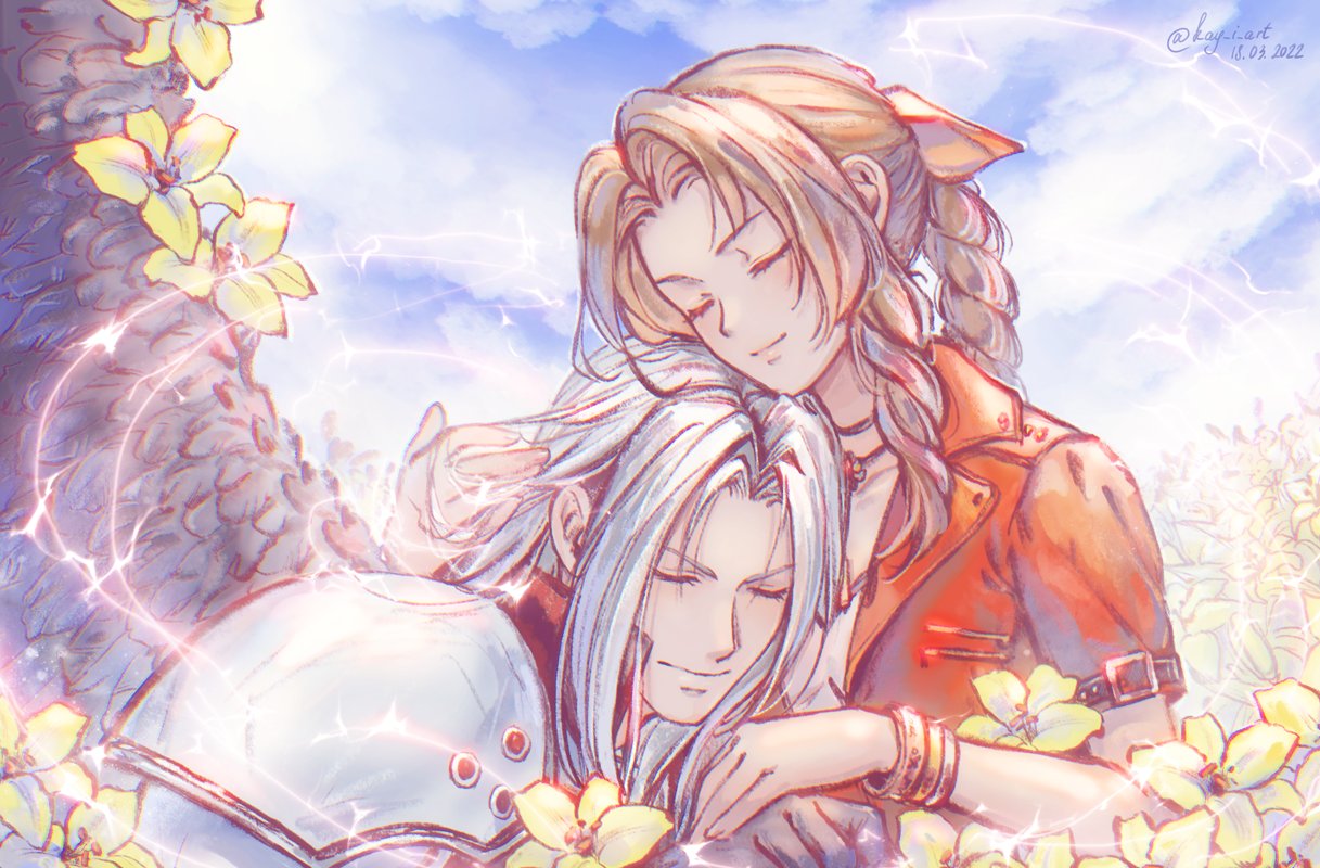 1boy 1girl aerith_gainsborough armor bracelet braid brown_hair closed_eyes clouds elena_ivlyushkina final_fantasy final_fantasy_vii final_fantasy_vii_remake flower gloves hetero jacket jewelry long_hair necklace pink_ribbon red_jacket ribbon sephiroth single_wing sky smile wings yellow_flower