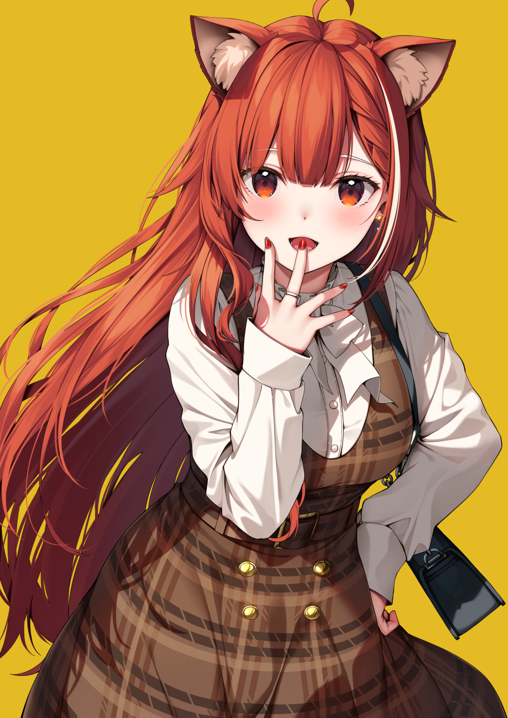 1girl ahoge animal_ear_fluff animal_ears bag fingernails hand_on_hip highres jewelry long_hair looking_at_viewer multicolored_hair nail_polish nijisanji open_mouth ratna_petit red_eyes red_nails red_panda_ears red_panda_girl redhead ring simple_background smile solo streaked_hair virtual_youtuber white_hair yellow_background yuuri_nayuta